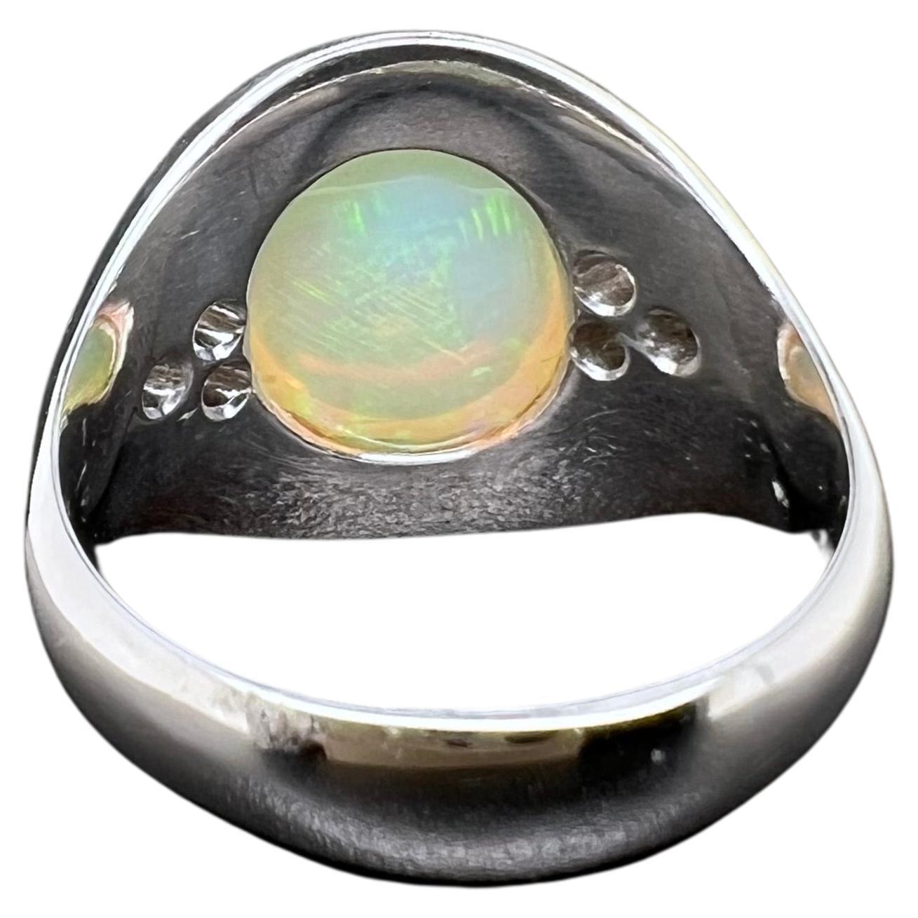 Round Cut 14k White Gold Ethiopian Opal Men's Ring with Diamonds For Sale