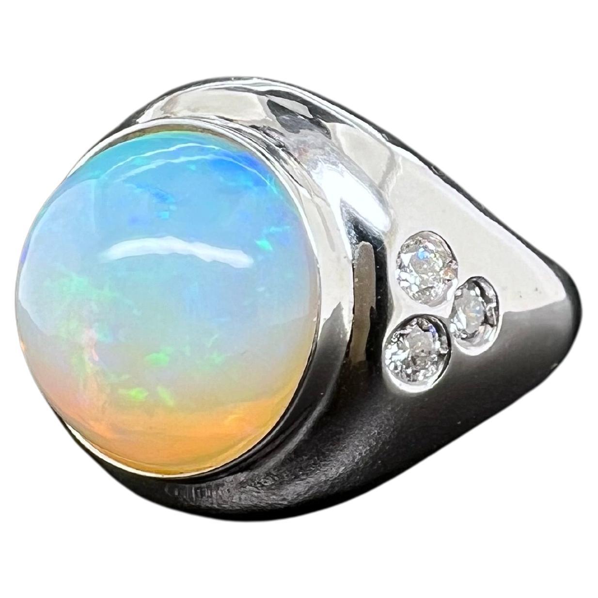 14k White Gold Ethiopian Opal Men's Ring with Diamonds For Sale