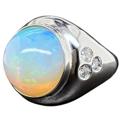 Vintage 14k White Gold Ethiopian Opal Men's Ring with Diamonds