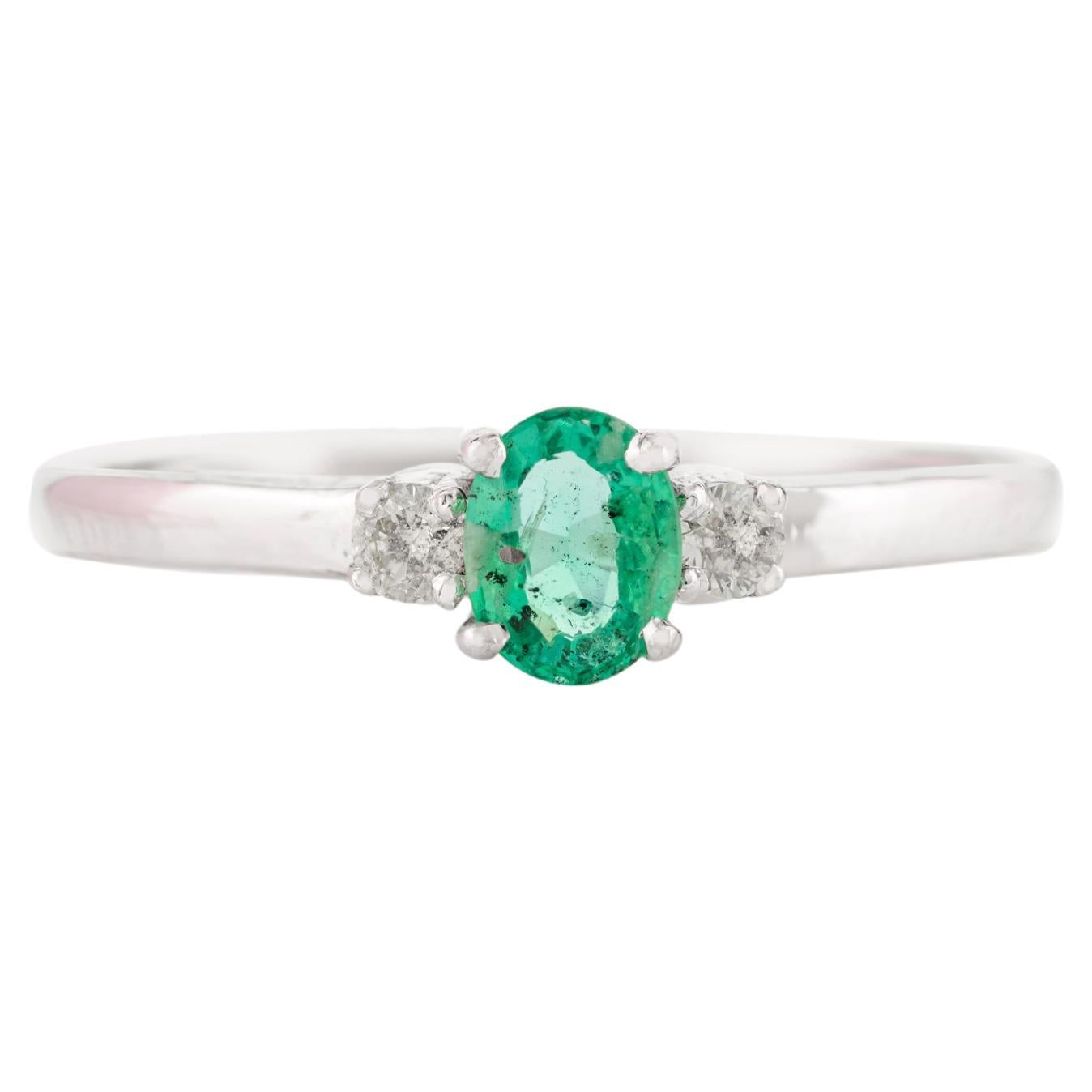 14k White Gold Everyday Dainty Oval Emerald with Diamond Minimal Ring Gift
