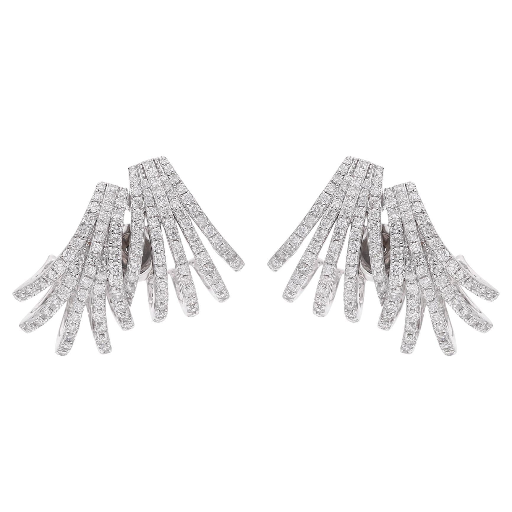 Moderne Boucles d'oreilles Huggies en or blanc 14k en forme d'éventail et pavées de diamants naturels SI/H en vente