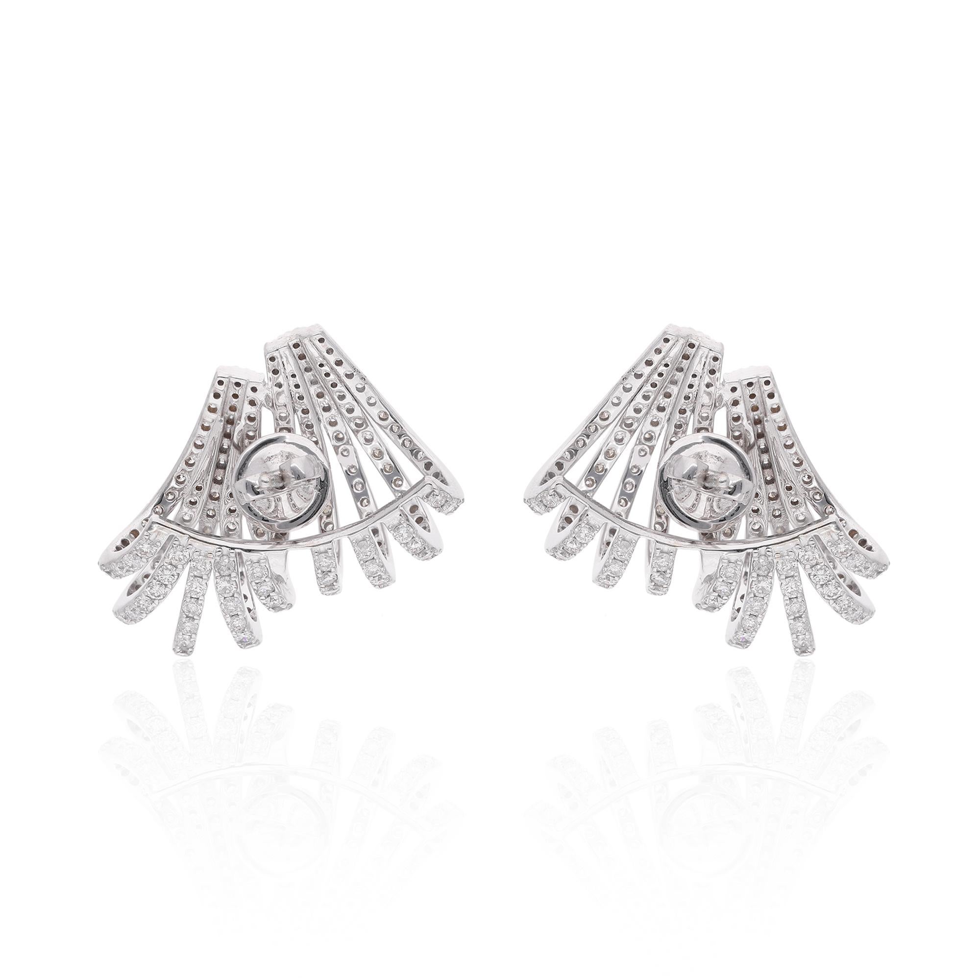 Boucles d'oreilles Huggies en or blanc 14k en forme d'éventail et pavées de diamants naturels SI/H Pour femmes en vente