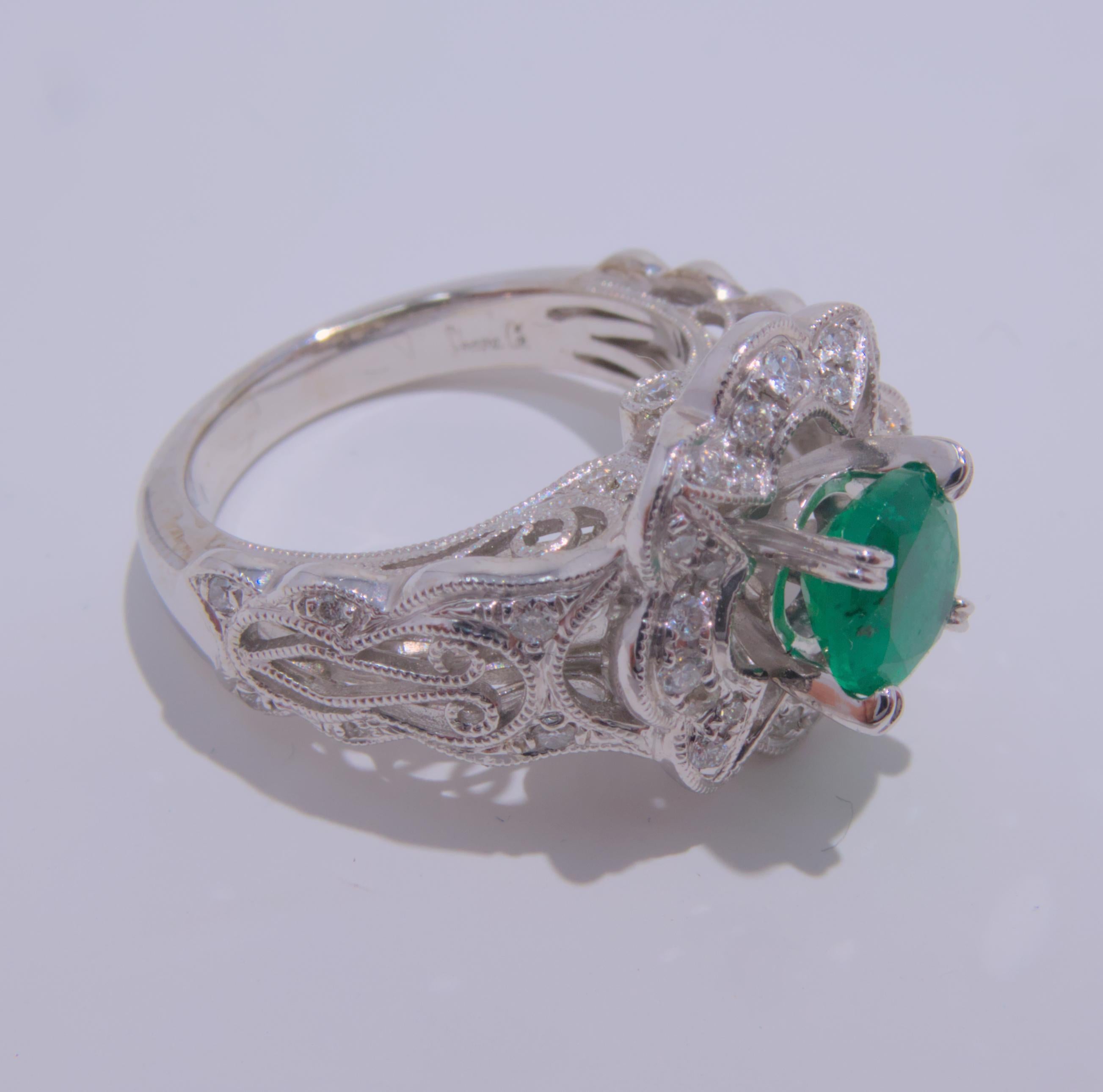 Round Cut 14k White Gold Fancy Round Emerald and Diamond Ring For Sale