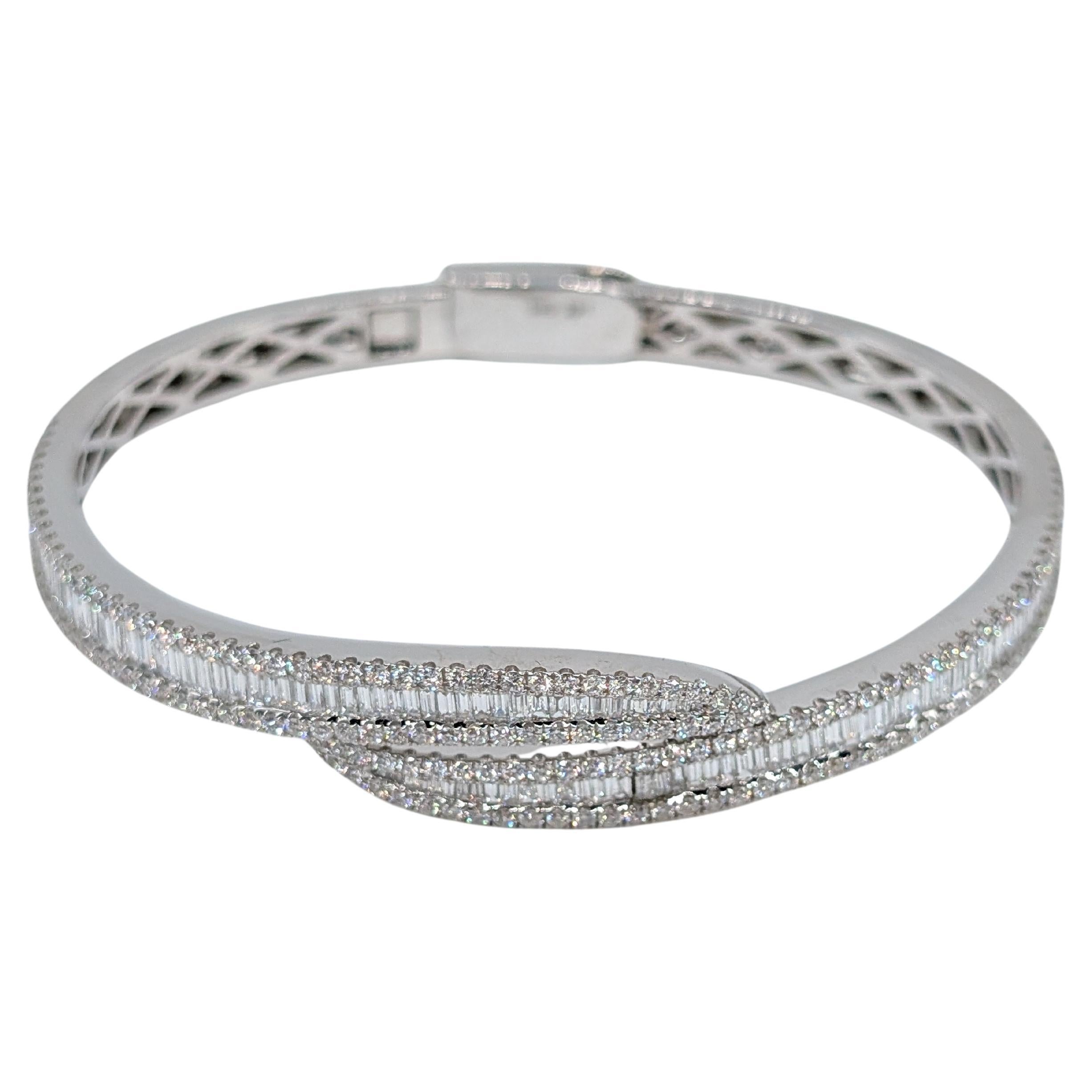 14K White Gold Fancy Shape Bangle with Baguette Cut and Brilliant Round Diamonds