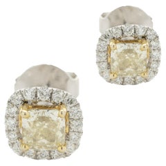 14k White Gold Fancy Yellow Cushion Cut Diamond Stud Earrings with Diamond Halo