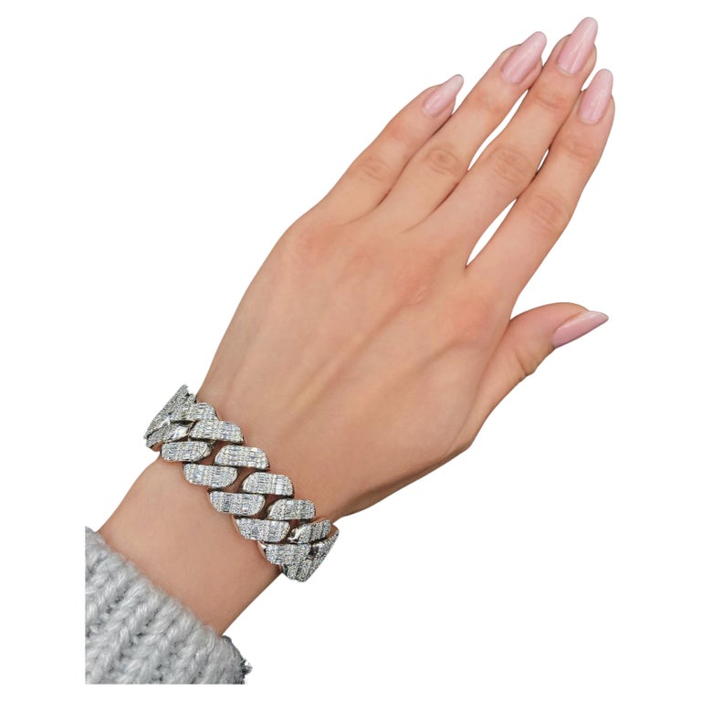 14k White Gold Fashion Cuban Link Diamond Bracelet with 13.60ct
