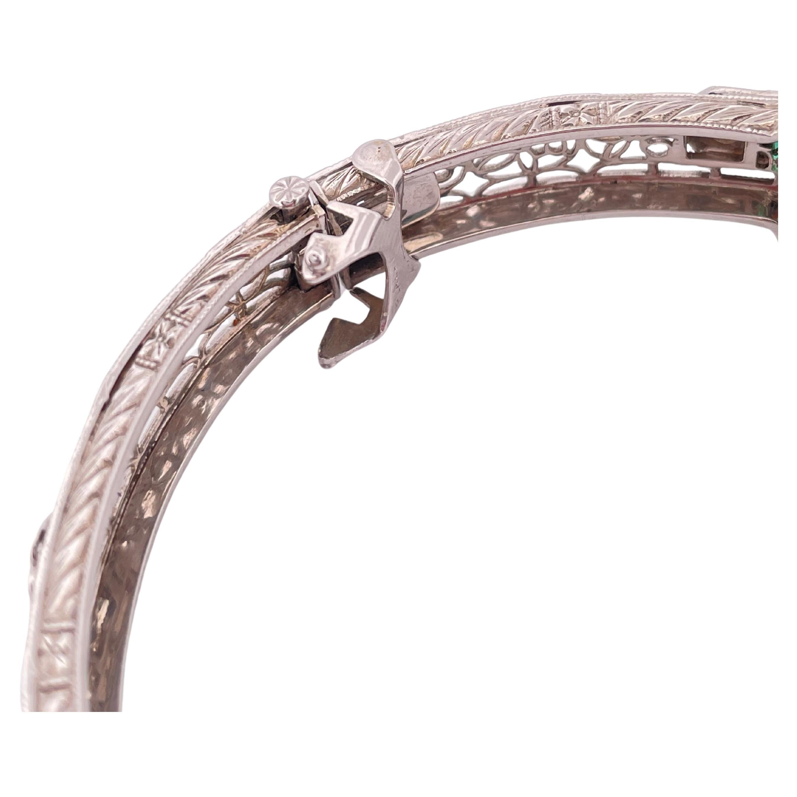 Women's or Men's Filigree 0.30ctw Diamond & 0.10ctw Lab Emerald Bangle Bracelet Set In 14K Gold For Sale