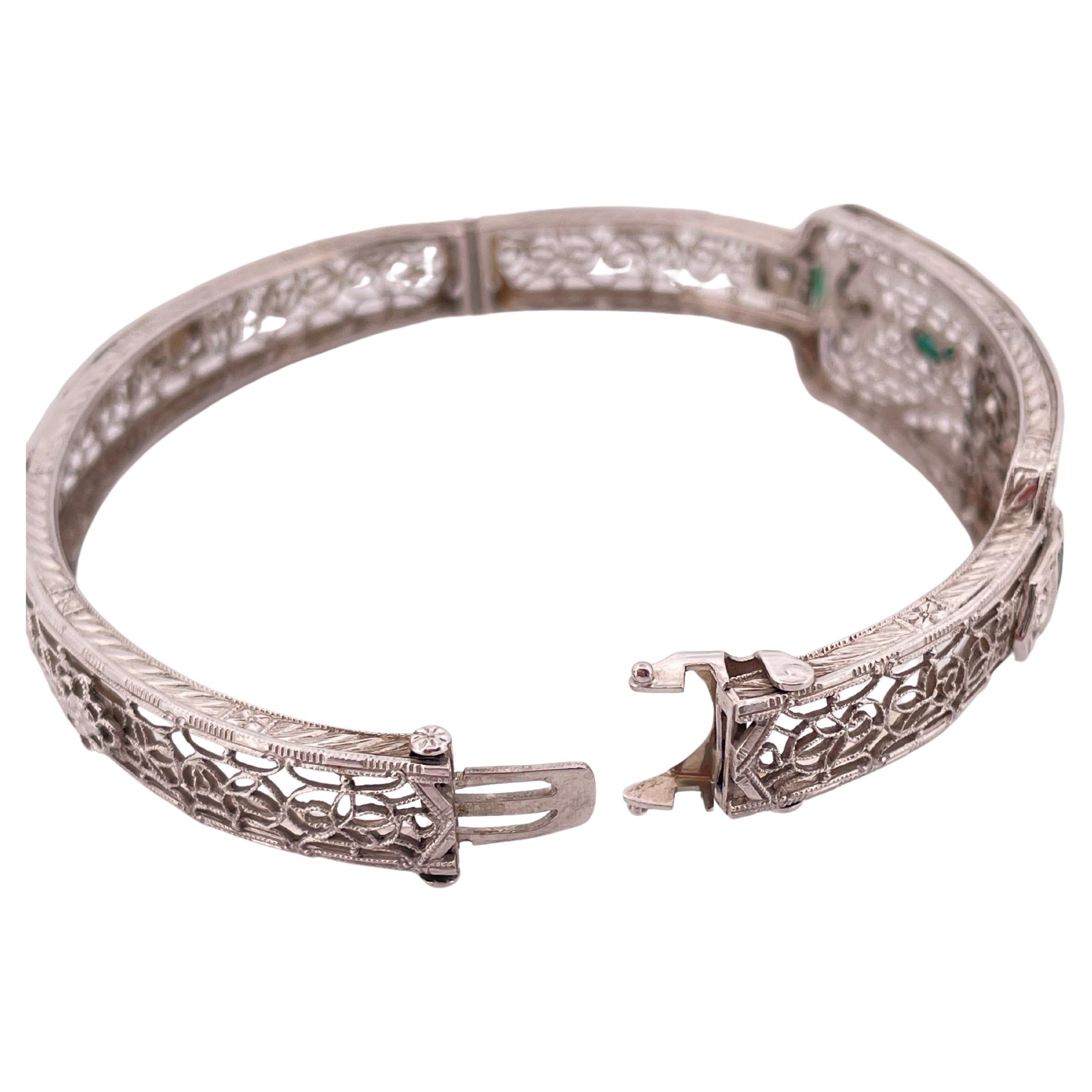 Filigree 0.30ctw Diamond & 0.10ctw Lab Emerald Bangle Bracelet Set In 14K Gold For Sale 1