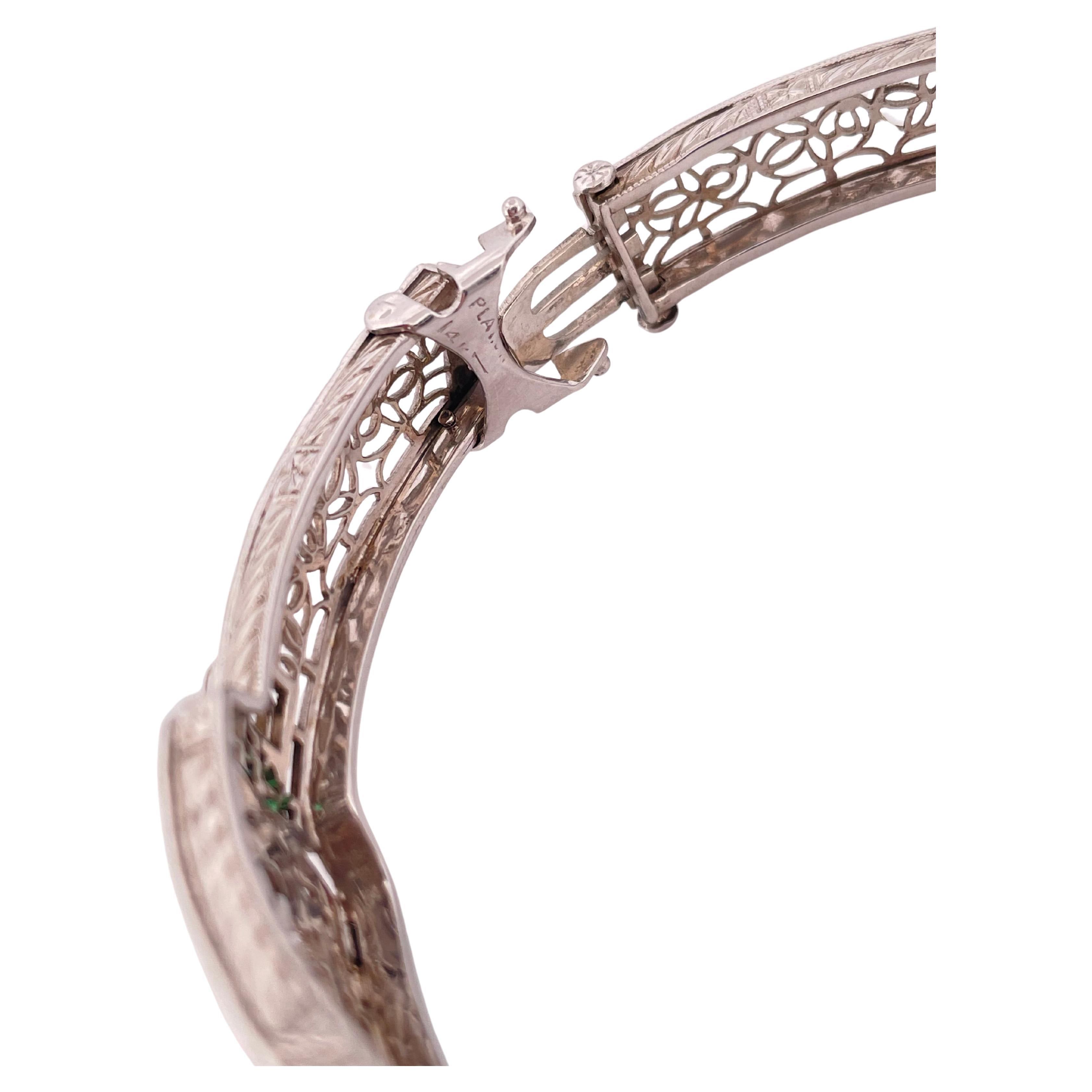 Filigree 0.30ctw Diamond & 0.10ctw Lab Emerald Bangle Bracelet Set In 14K Gold For Sale 2