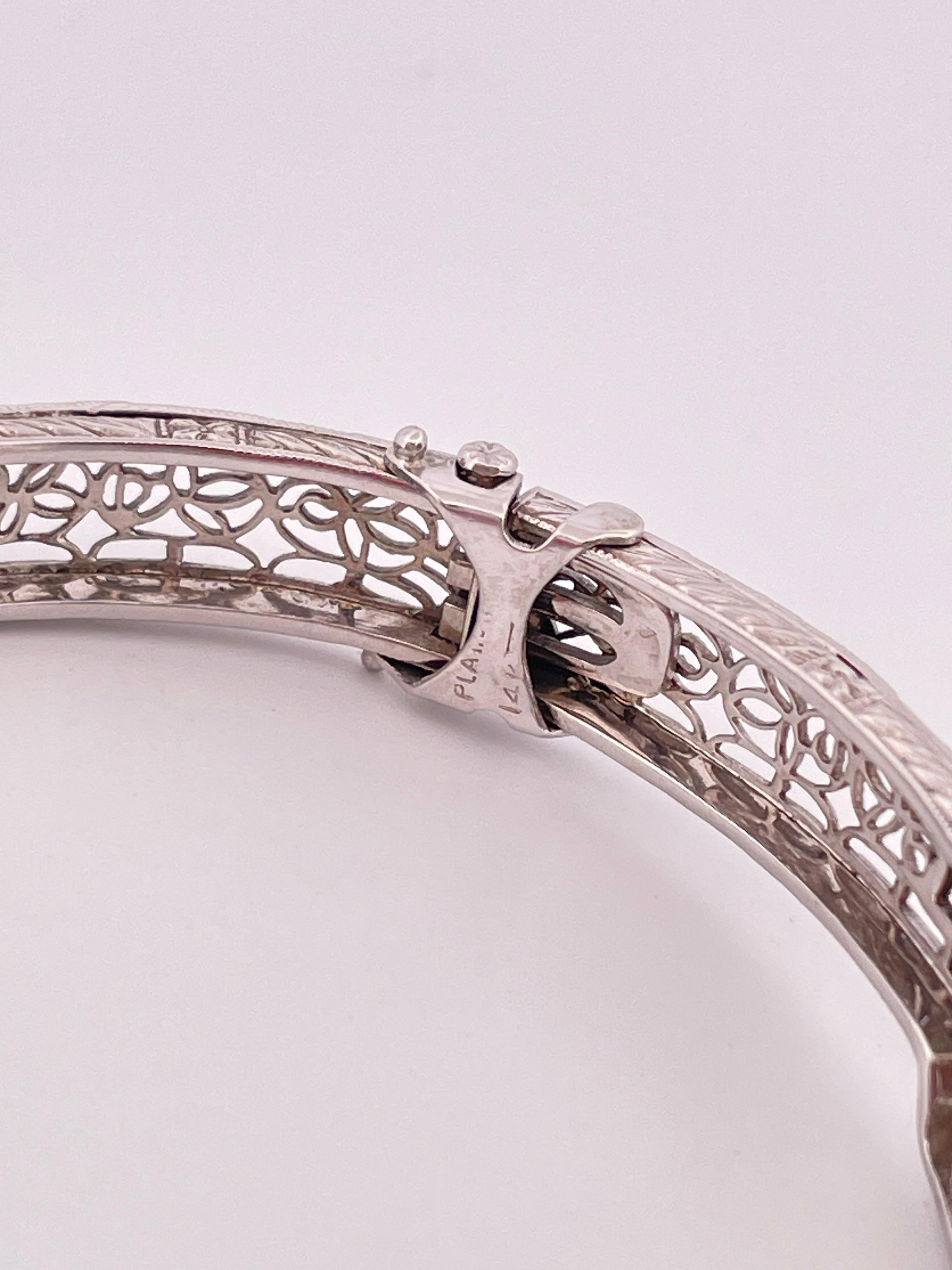 Women's or Men's 14k White Gold Filigree 0.30ctw Diamond & 0.10ctw Lab Emerald Bangle Bracelet For Sale