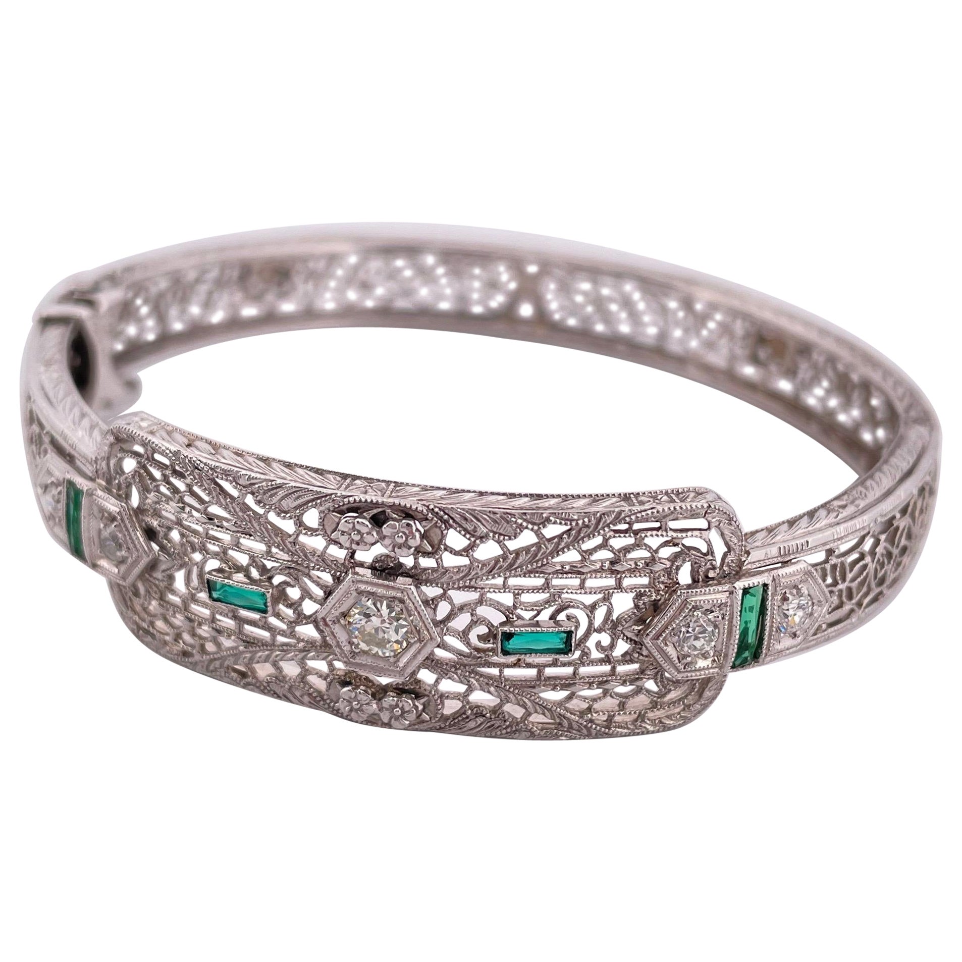 14k White Gold Filigree 0.30ctw Diamond & 0.10ctw Lab Emerald Bangle Bracelet For Sale