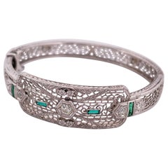 14k White Gold Filigree 0.30ctw Diamond & 0.10ctw Lab Emerald Bangle Bracelet