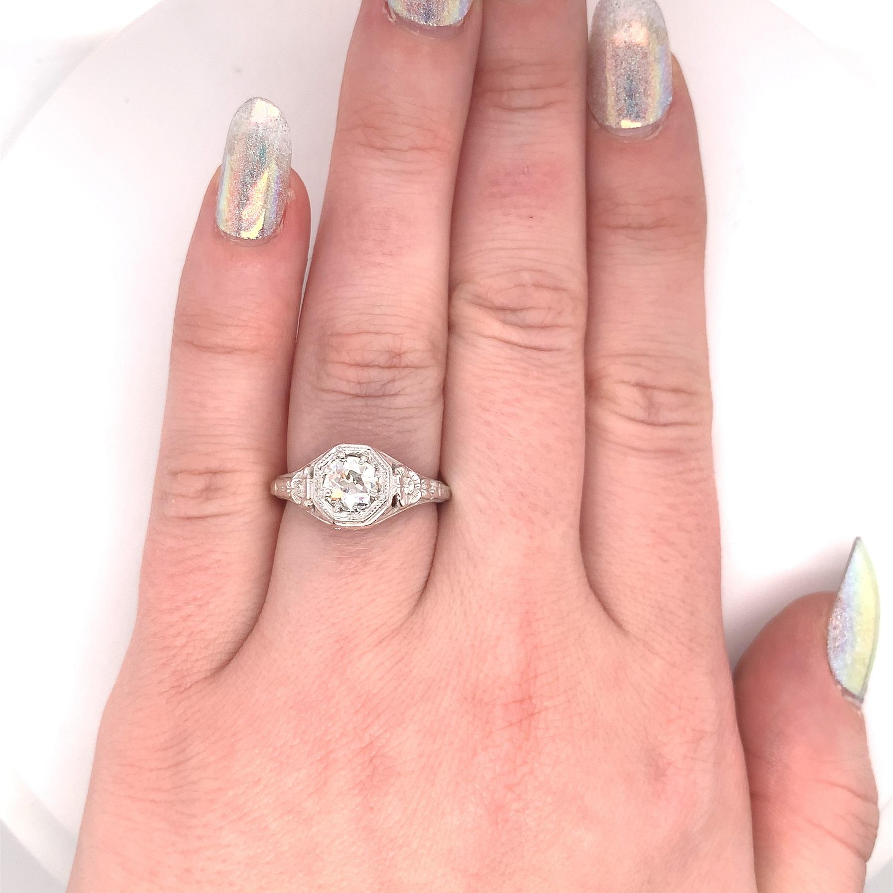 Old European Cut 14K White Gold Filigree 3/4 Carat Diamond Ring For Sale