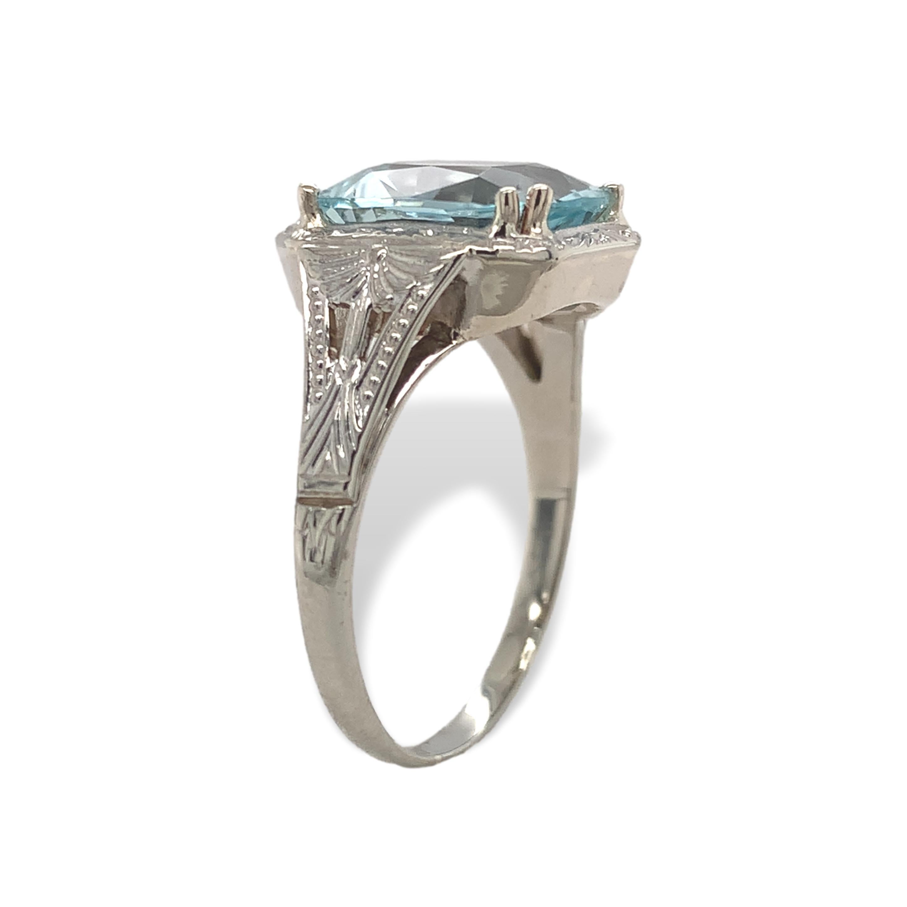Antique Cushion Cut 14K White Gold Filigree 3.12 carat Aquamarine Ring size 7.25 For Sale