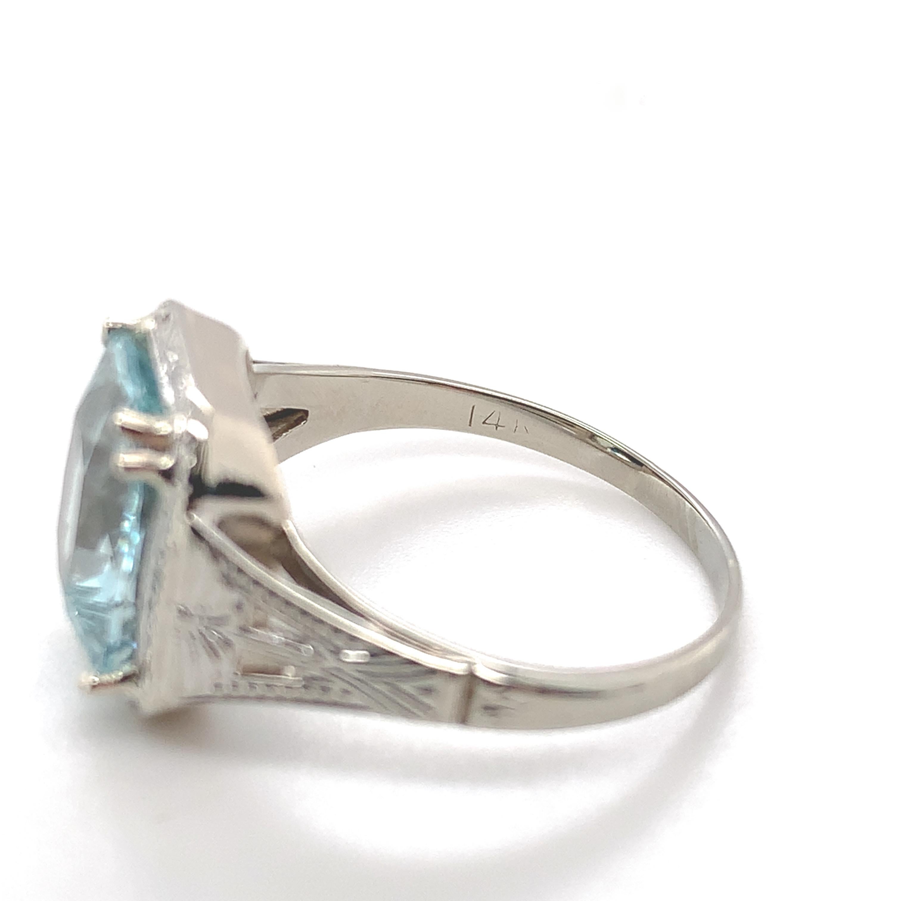 14K White Gold Filigree 3.12 carat Aquamarine Ring size 7.25 For Sale 4