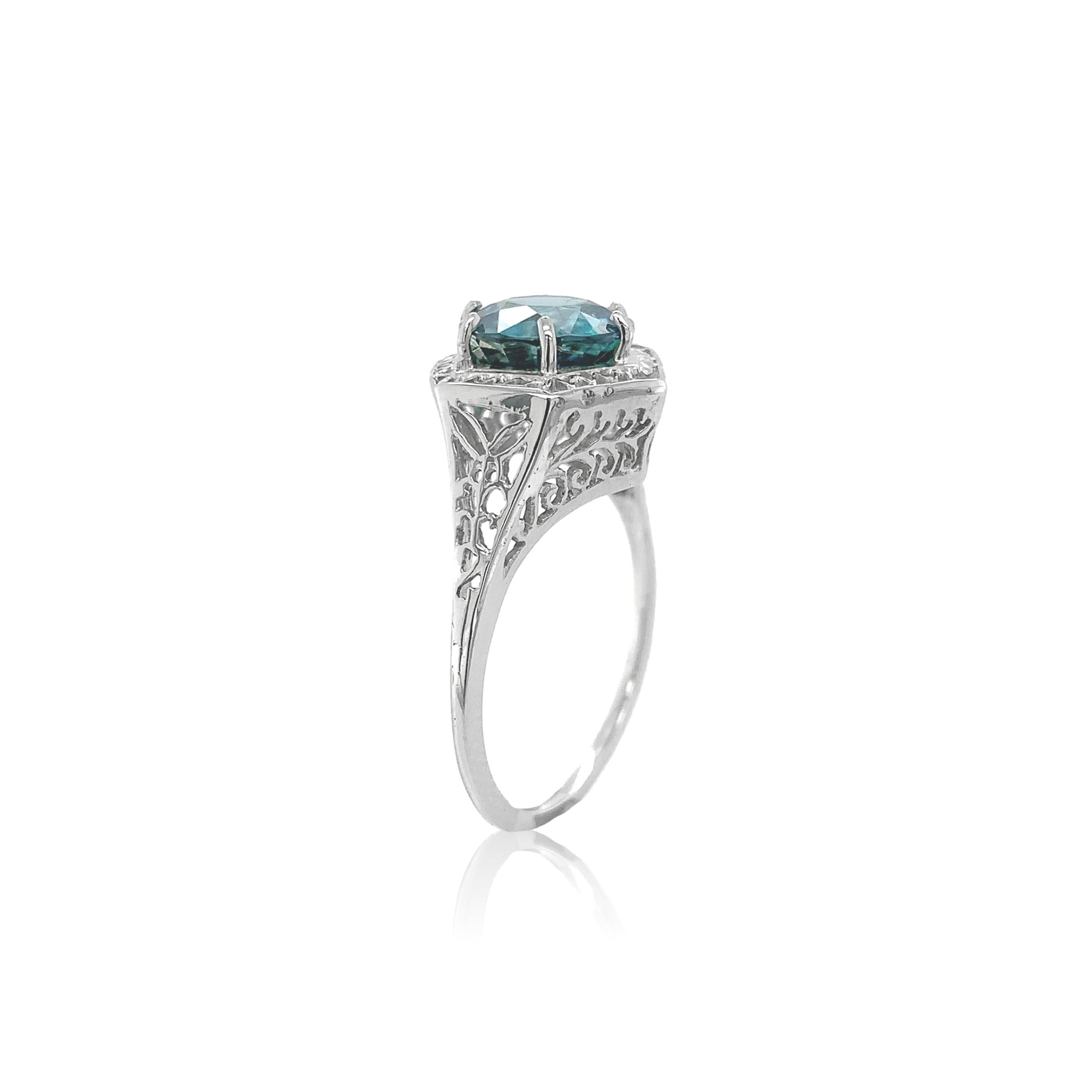 Round Cut 14K White Gold Filigree 3.70 carat Teal Blue Zircon Ring size 8 For Sale