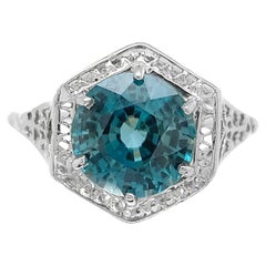 14K White Gold Filigree 3.70 carat Teal Blue Zircon Ring size 8