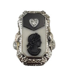 14K White Gold Filigree Agate and Diamond Cameo Ring Size 6.5 #19547