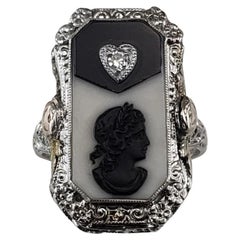 14K White Gold Filigree Agate and Diamond Cameo Ring Size 6.5 #19547