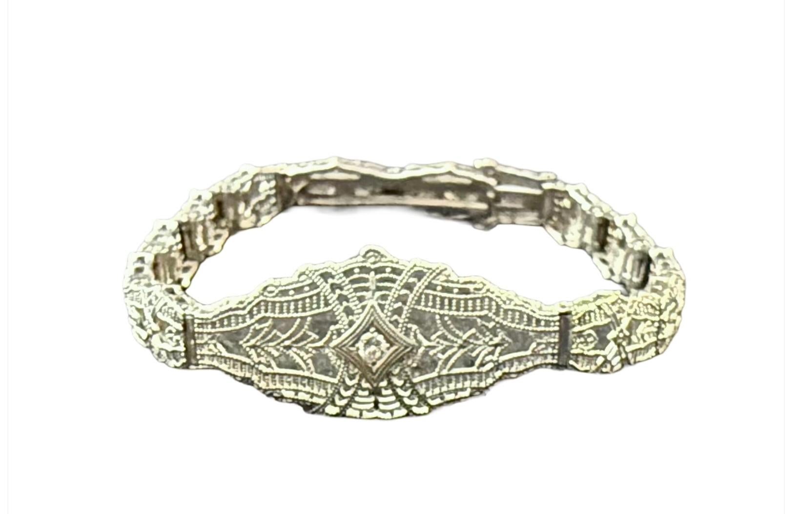14K White Gold Filigree and Diamond Bracelet, Art Deco For Sale 6