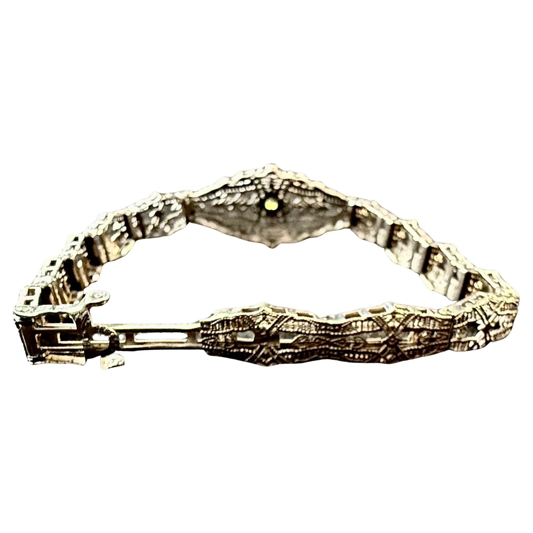 14K White Gold Filigree and Diamond Bracelet, Art Deco In Good Condition For Sale In Bradenton, FL