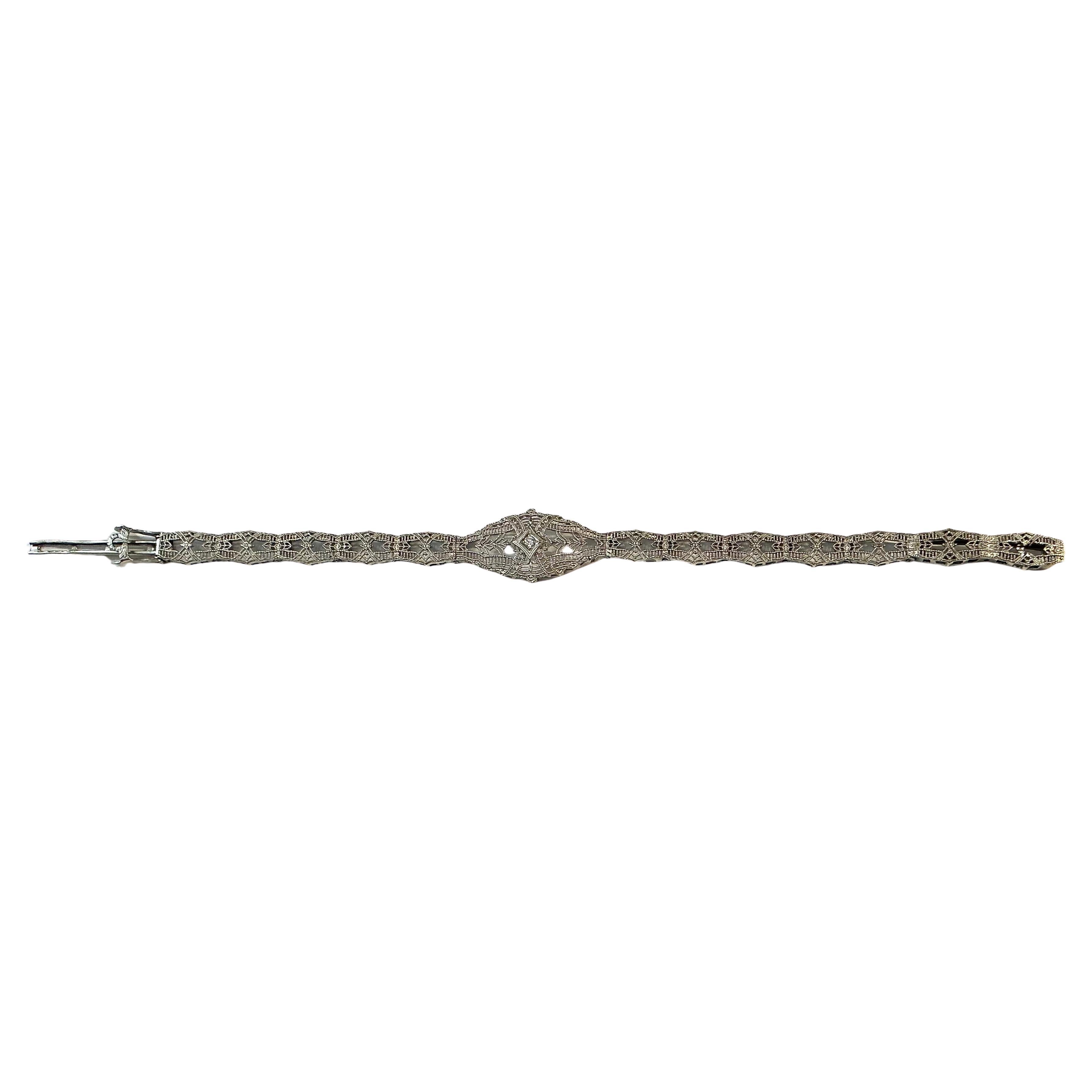 Women's or Men's 14K White Gold Filigree and Diamond Bracelet, Art Deco For Sale