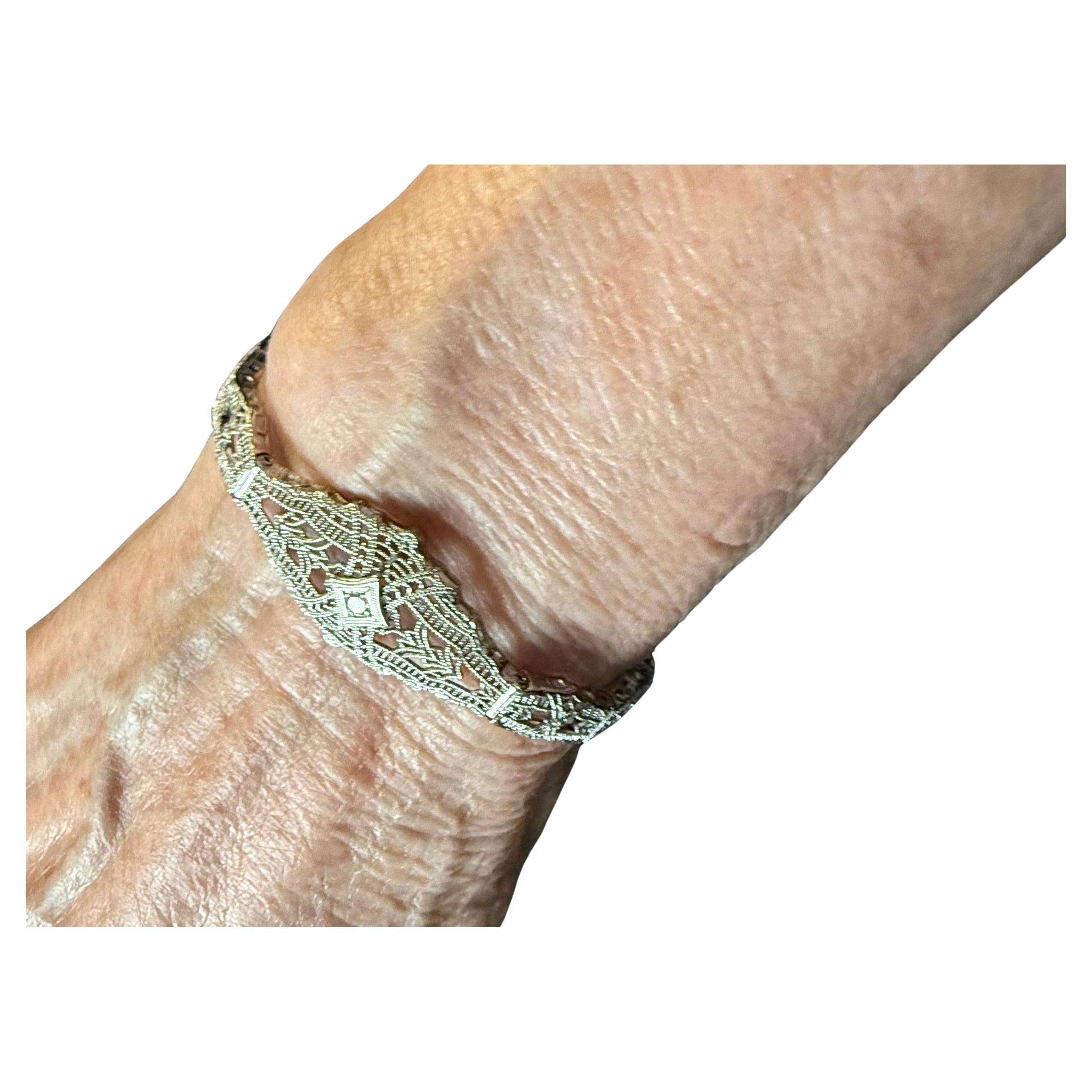 14K White Gold Filigree and Diamond Bracelet, Art Deco For Sale 2