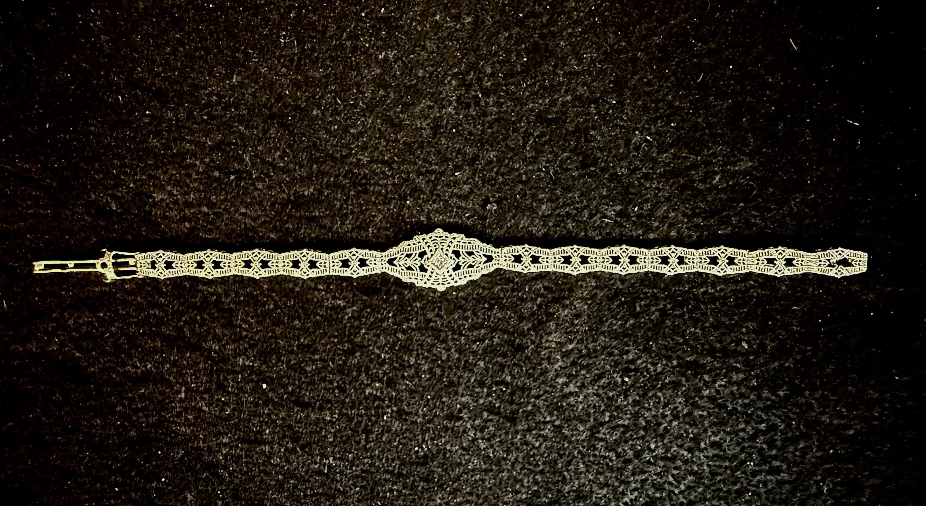 14K White Gold Filigree and Diamond Bracelet, Art Deco For Sale 3