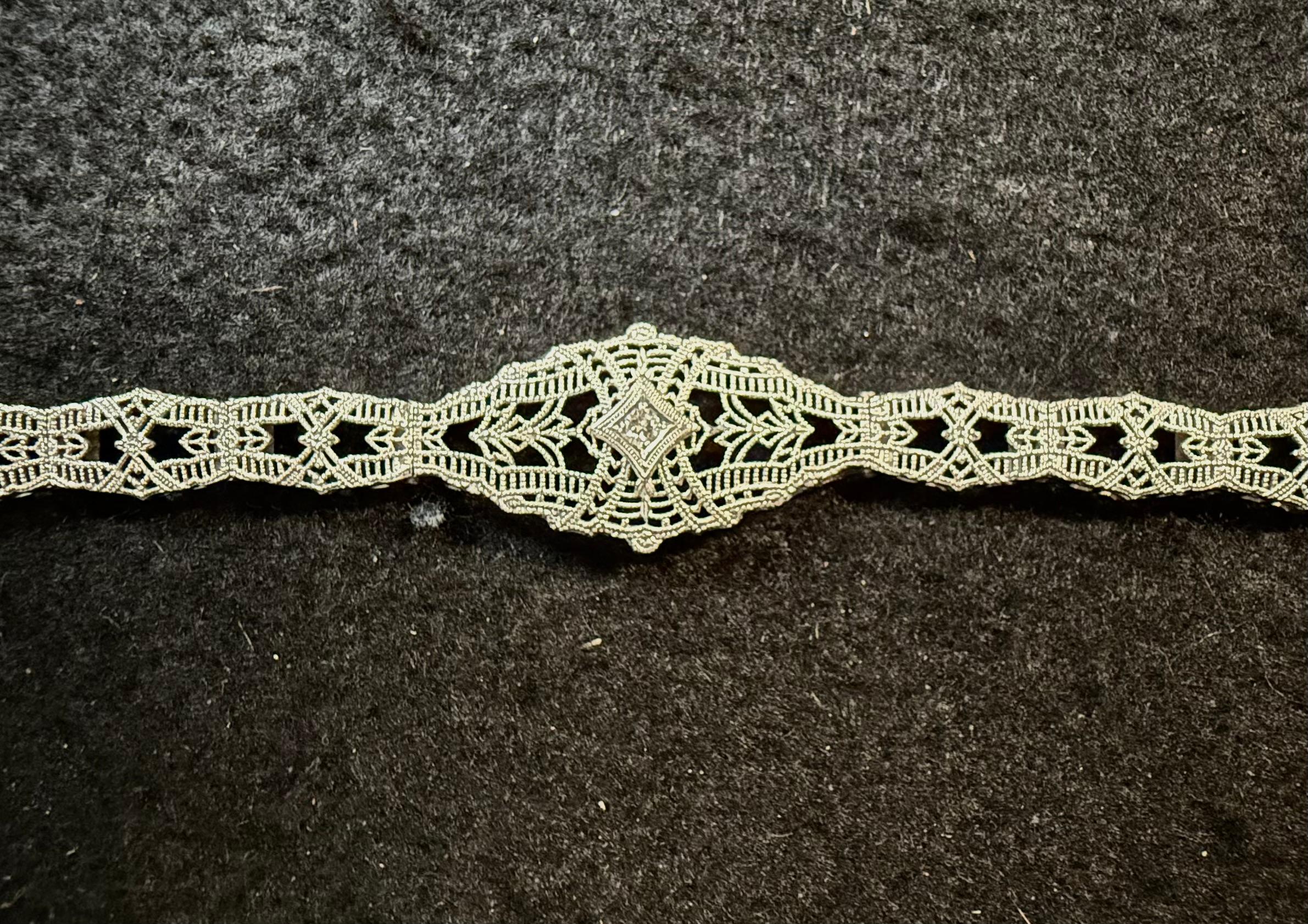 14K White Gold Filigree and Diamond Bracelet, Art Deco For Sale 4