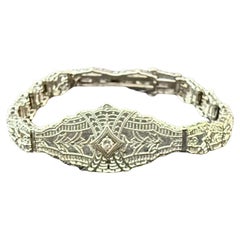 Antique 14K White Gold Filigree and Diamond Bracelet, Art Deco