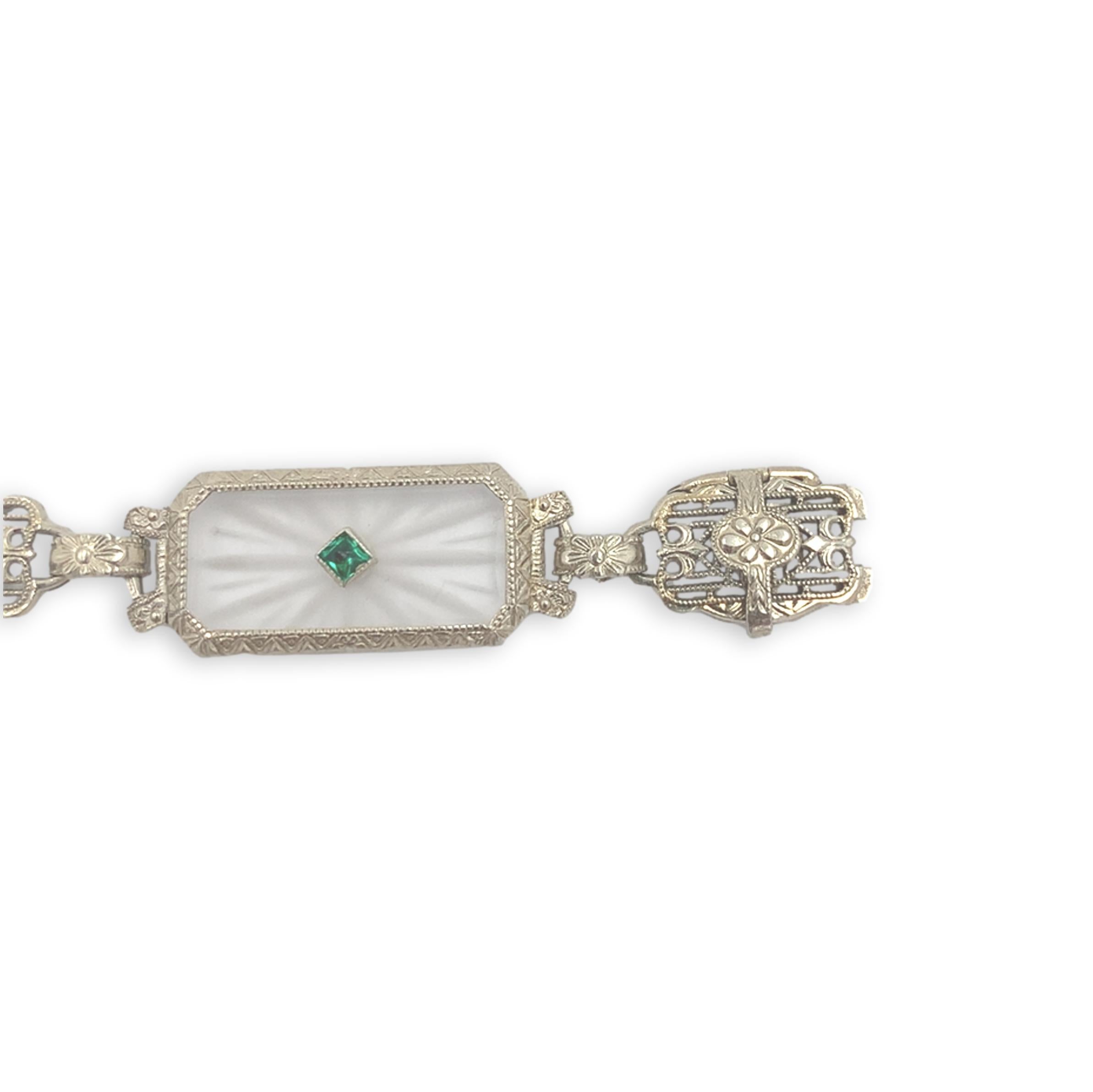 Art Deco 14K White Gold Filigree Crystal Quartz Bracelet with Diamond and Green Synthetic For Sale