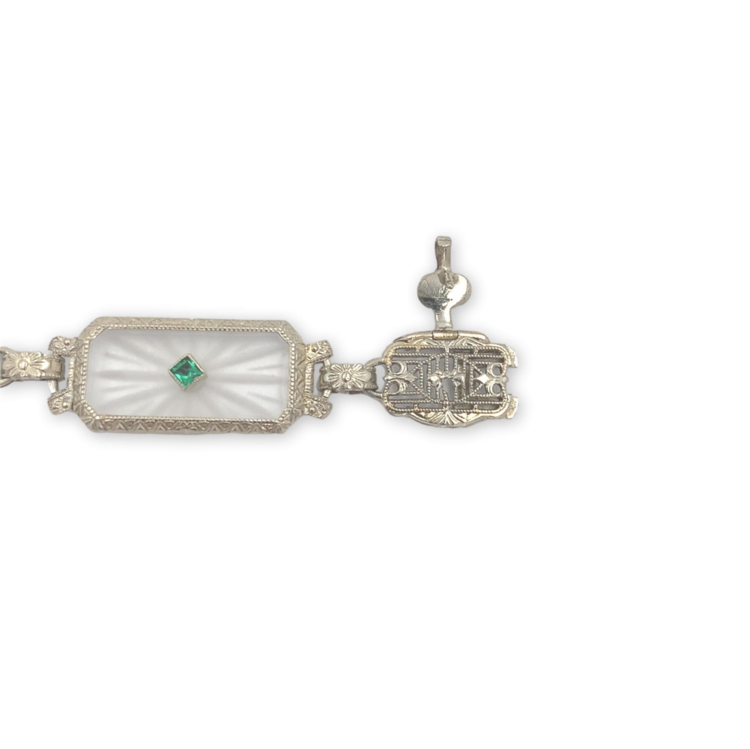 Old Mine Cut 14K White Gold Filigree Crystal Quartz Bracelet with Diamond and Green Synthetic For Sale