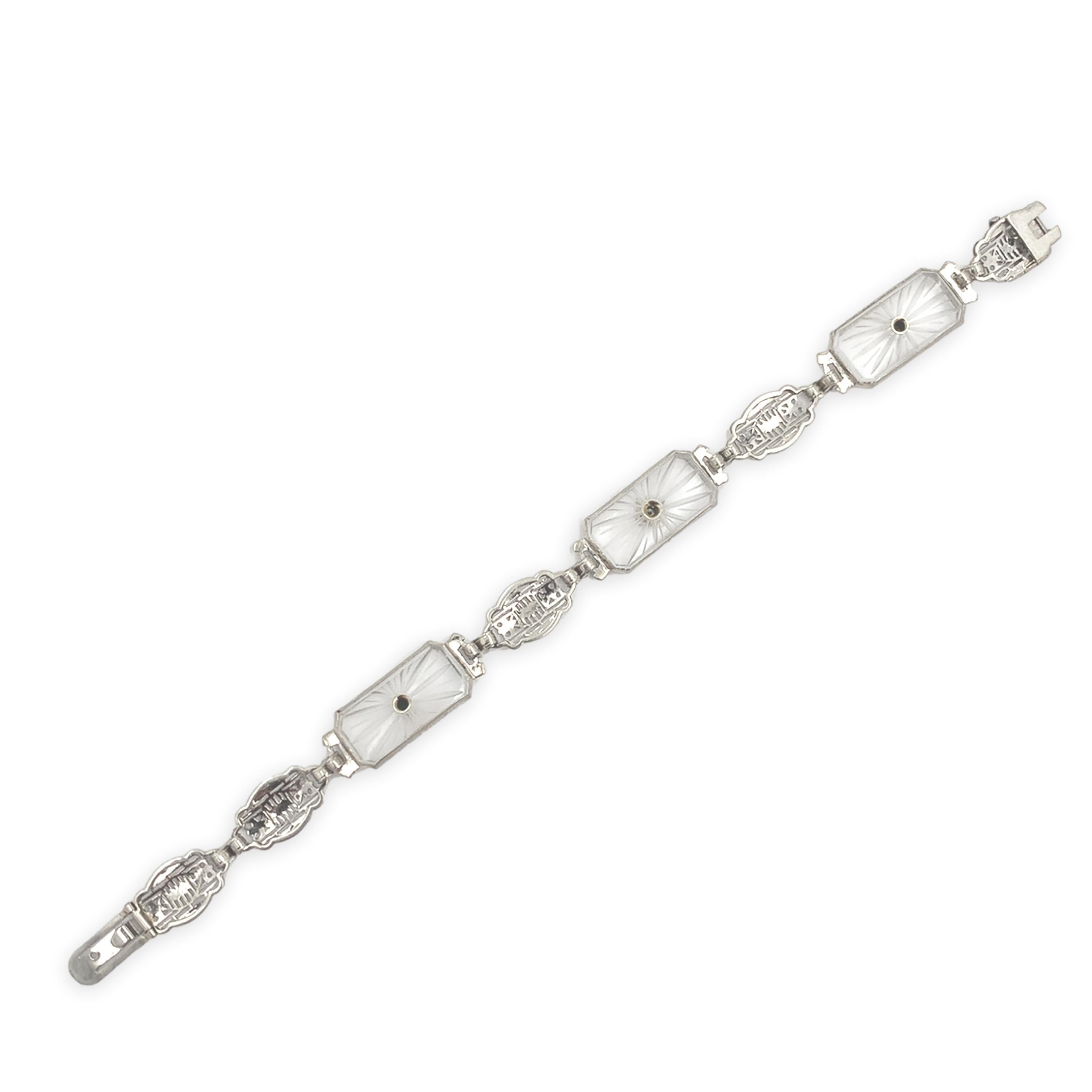 14K White Gold Filigree Crystal Quartz Bracelet with Diamond and Green Synthetic In Good Condition For Sale In Big Bend, WI