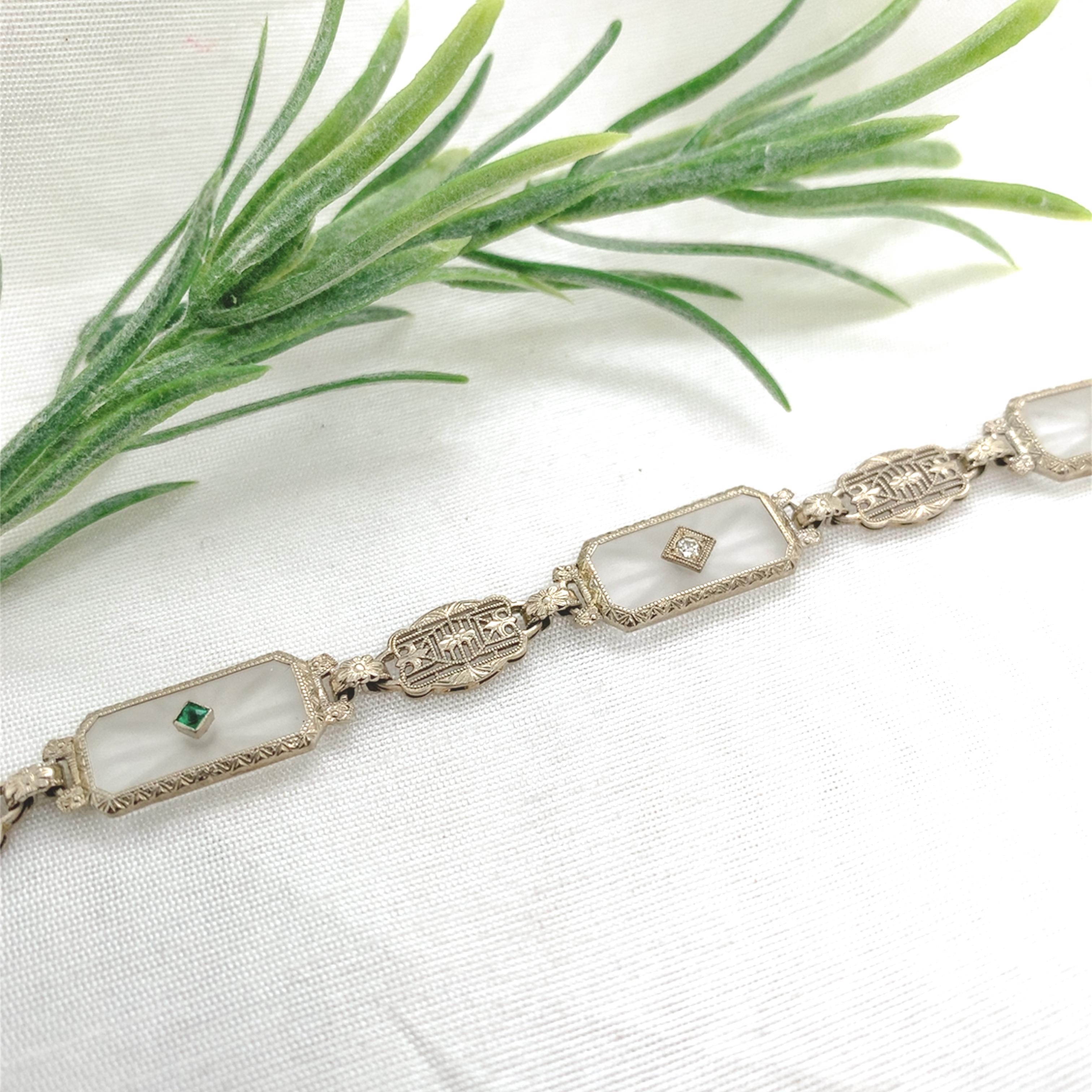 Women's 14K White Gold Filigree Crystal Quartz Bracelet with Diamond and Green Synthetic For Sale