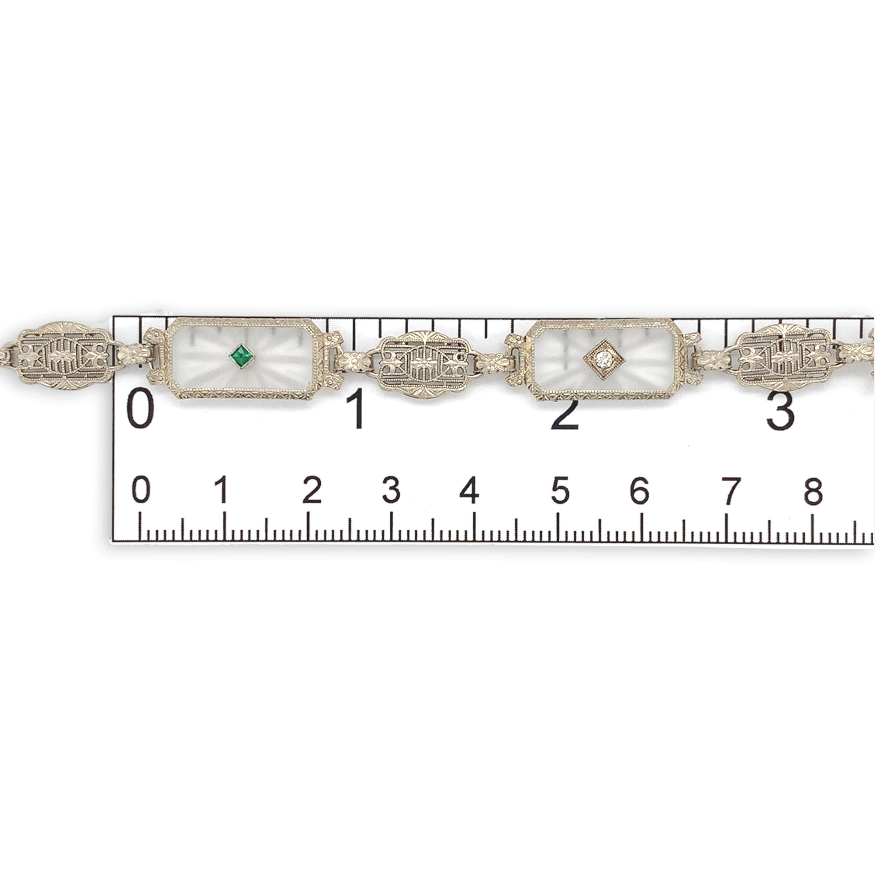 14K White Gold Filigree Crystal Quartz Bracelet with Diamond and Green Synthetic For Sale 1