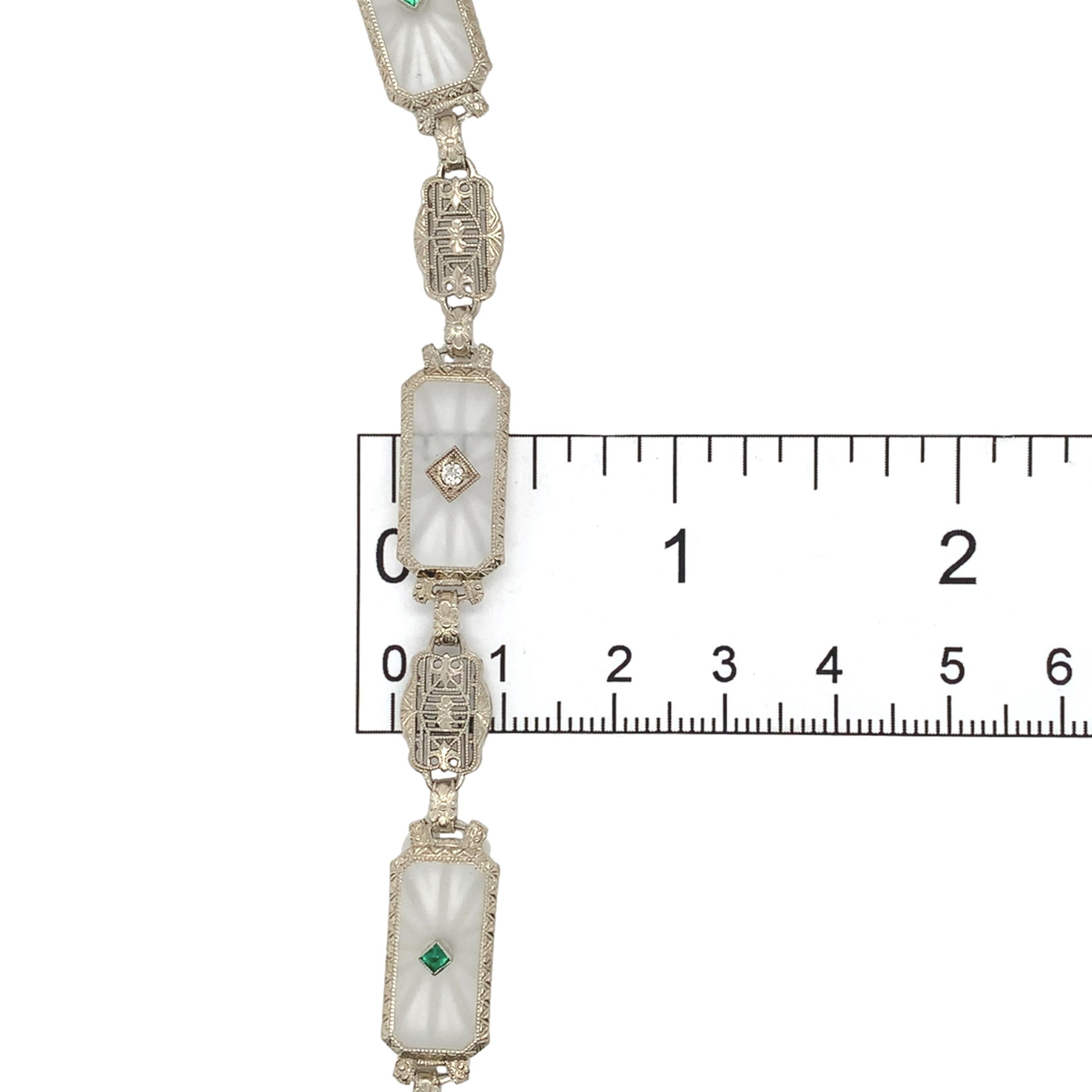 14K White Gold Filigree Crystal Quartz Bracelet with Diamond and Green Synthetic For Sale 2