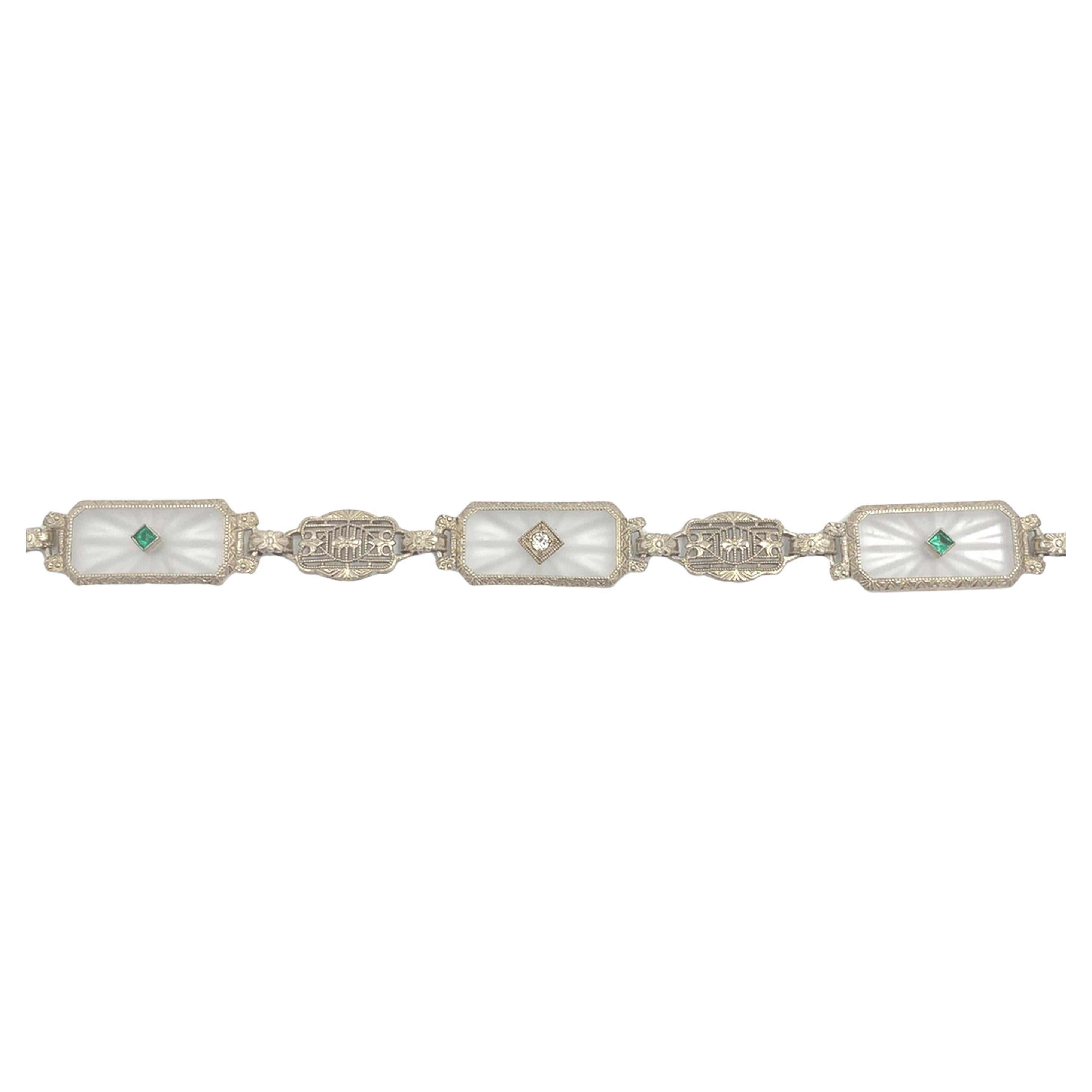14K White Gold Filigree Crystal Quartz Bracelet with Diamond and Green Synthetic For Sale