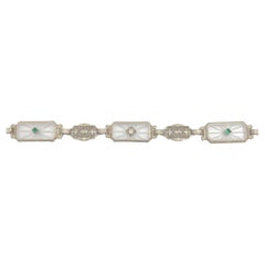 14K White Gold Filigree Crystal Quartz Bracelet with Diamond and Green Synthetic