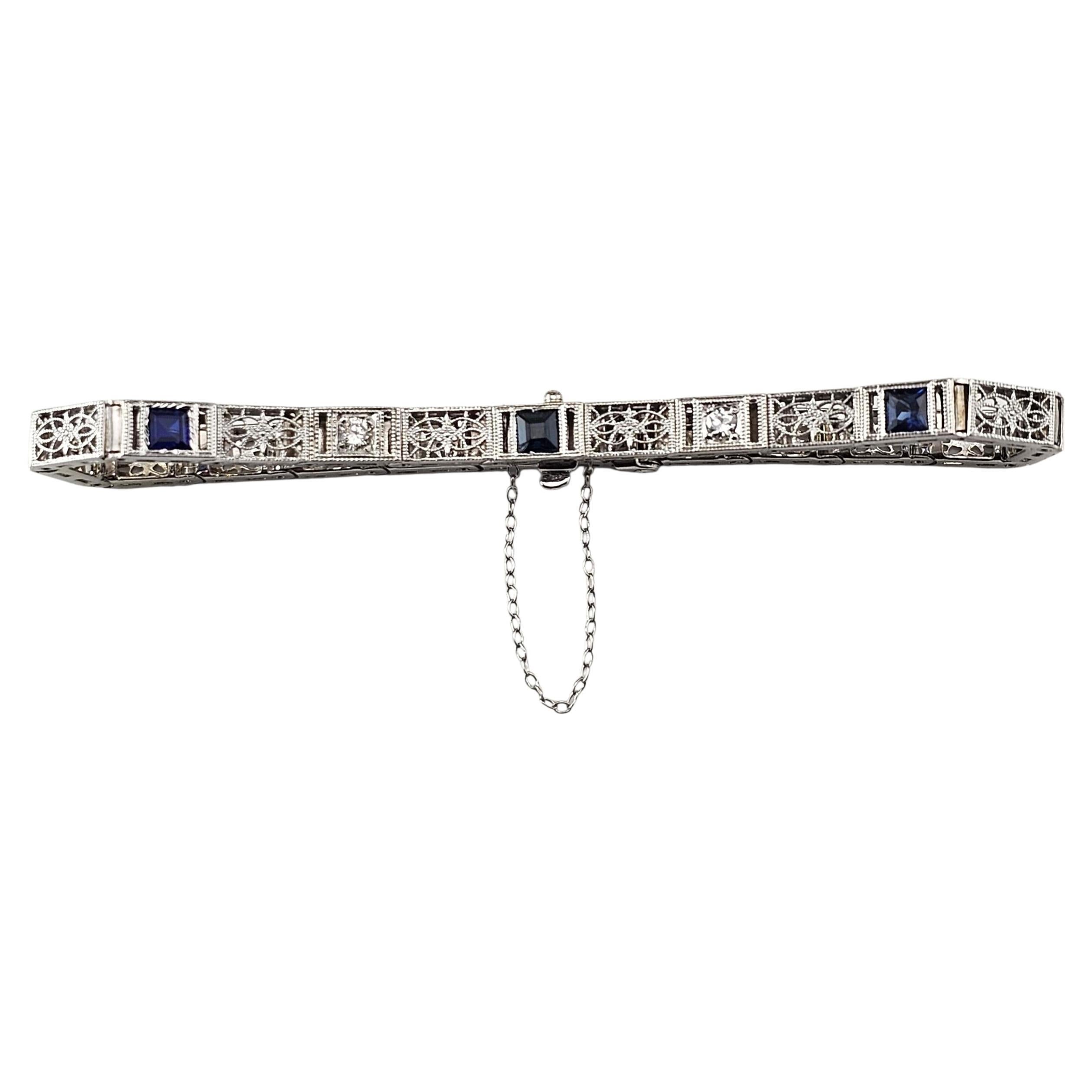 14K White Gold Filigree Diamond and Blue Gemstone Bracelet #24206 For Sale