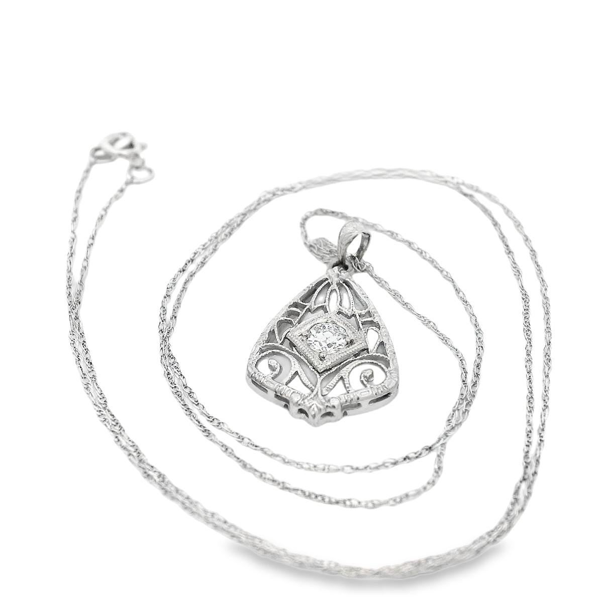 Ciondolo con diamante in filigrana in oro bianco 14k + catena in vendita 5