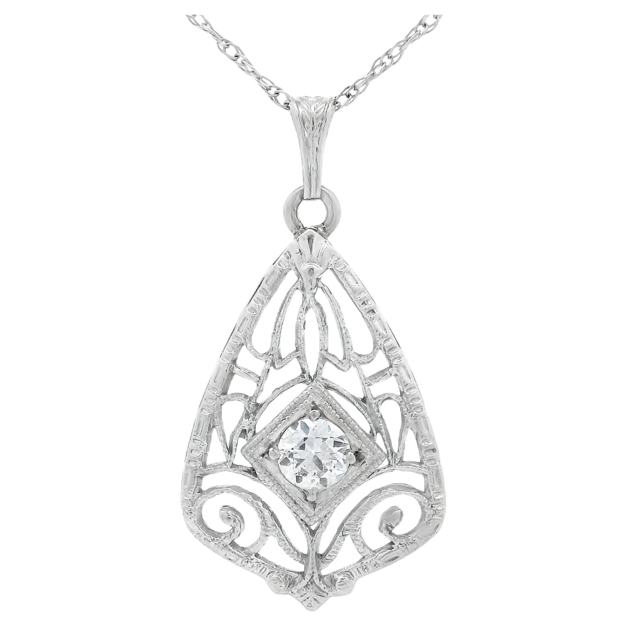 14k White Gold Filigree Diamond Pendant + Chain