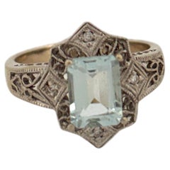 14K White Gold Filigree Emerald Cut Aquamarine Ring Vintage