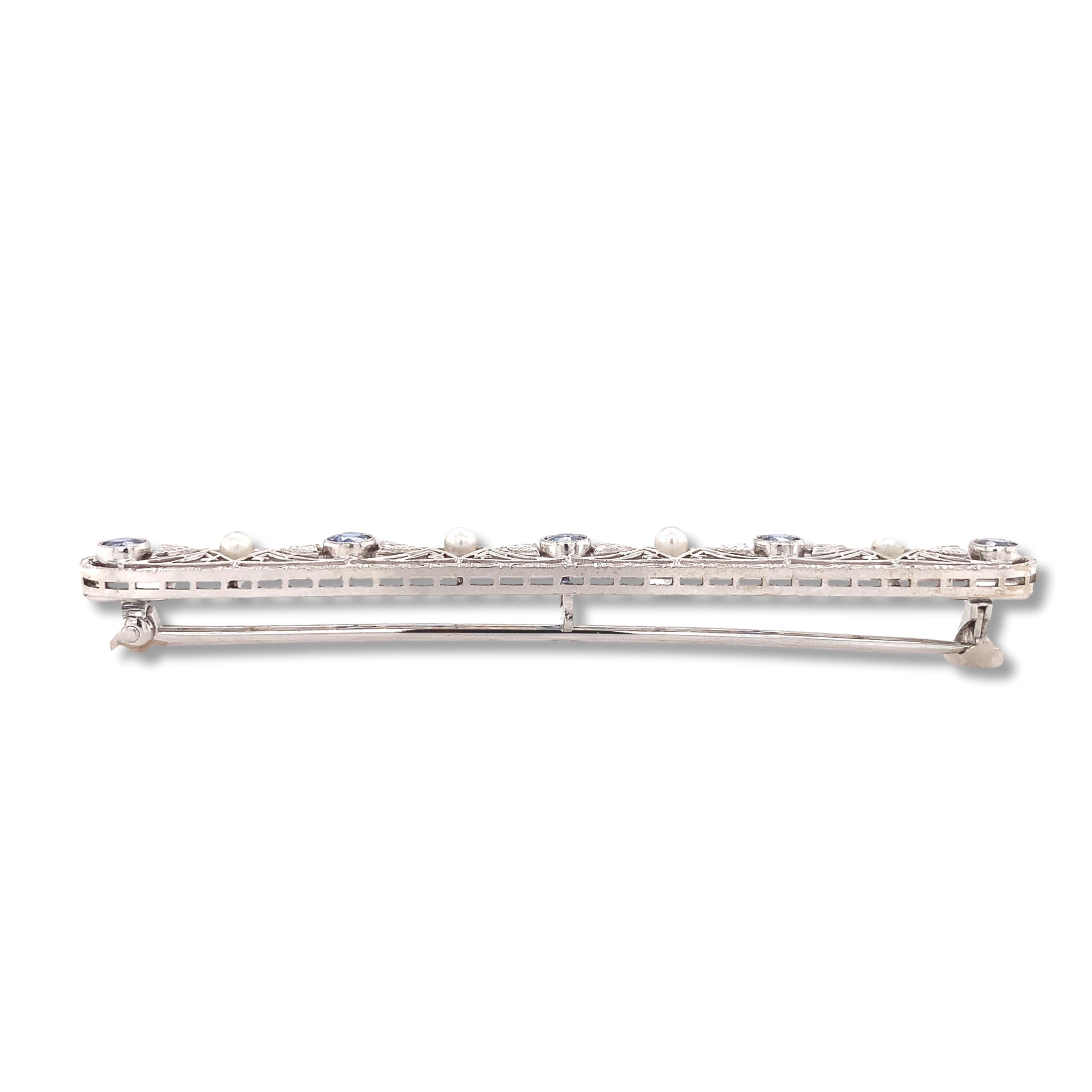 Brilliant Cut 14K White Gold Filigree Pin with GIA Montana Sapphires & Seed Pearls For Sale