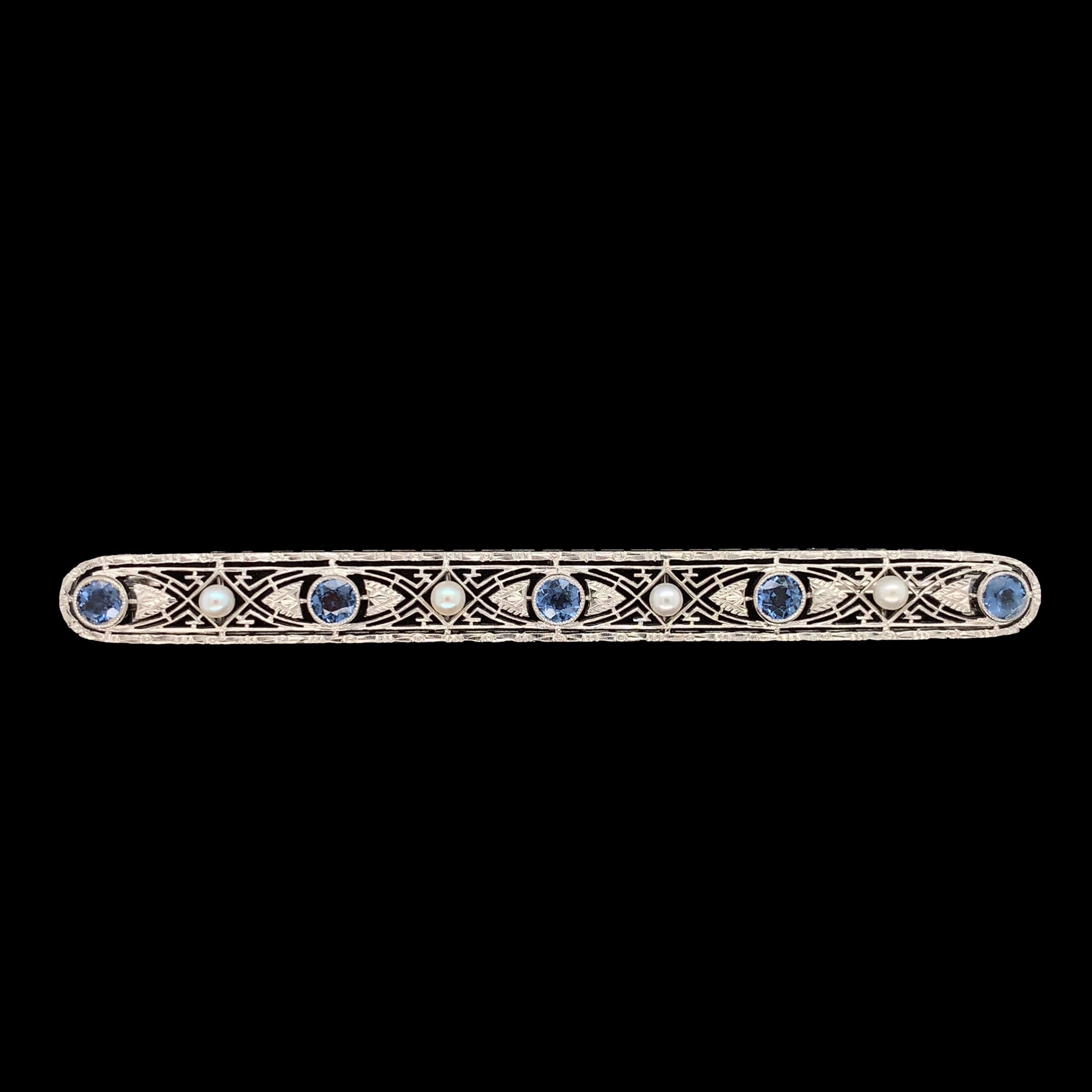 Women's or Men's 14K White Gold Filigree Pin with GIA Montana Sapphires & Seed Pearls For Sale