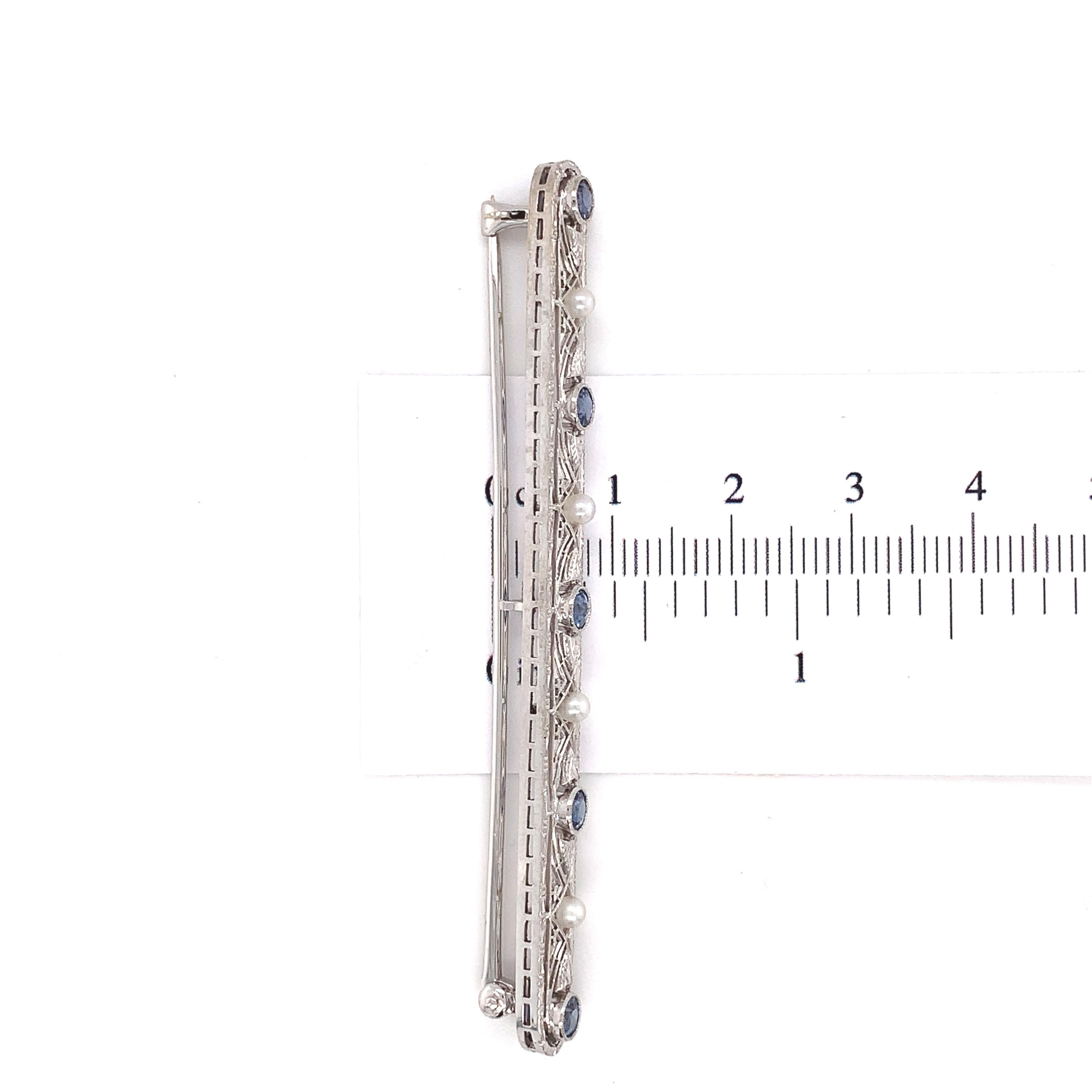 14K White Gold Filigree Pin with GIA Montana Sapphires & Seed Pearls For Sale 4