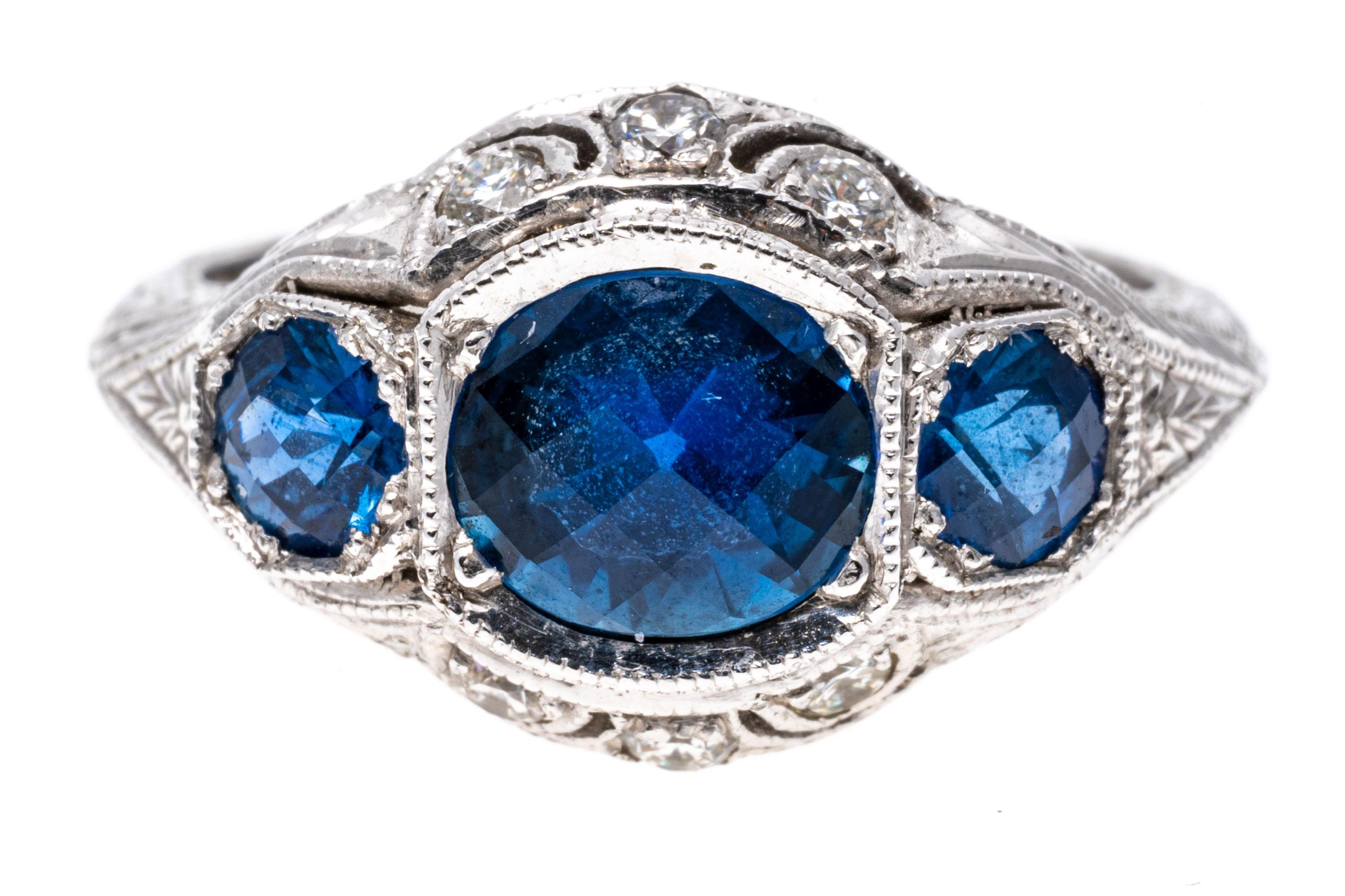 Rough Cut 14k White Gold Filigree Sapphire Three Stone Ring, with Diamonds