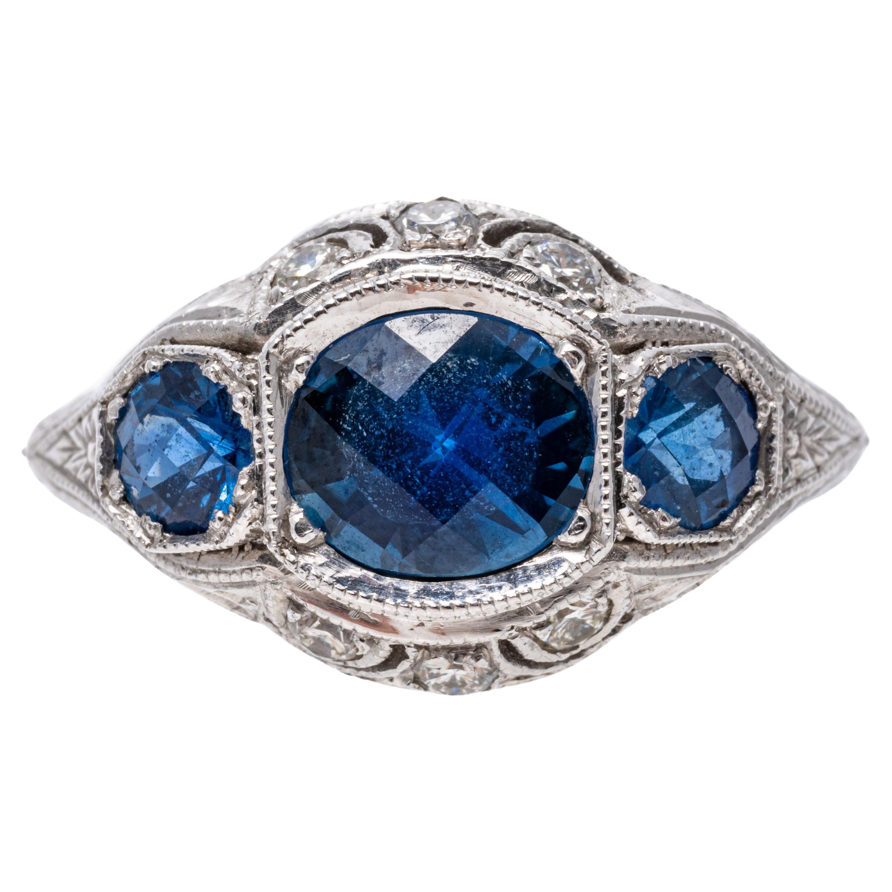 14k White Gold Filigree Sapphire Three Stone Ring, with Diamonds