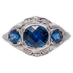 Vintage 14k White Gold Filigree Sapphire Three Stone Ring, with Diamonds
