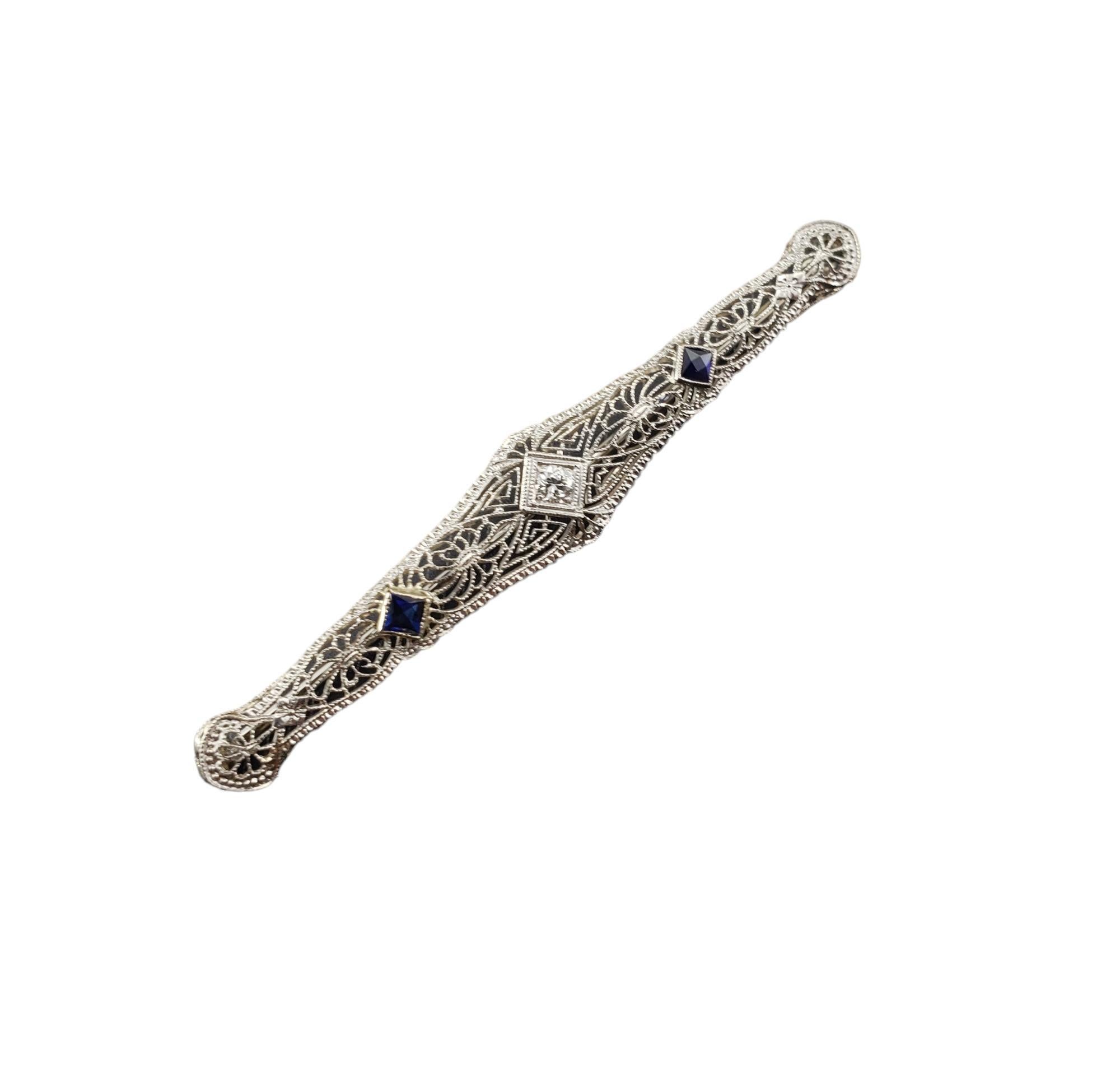 Round Cut 14K White Gold Filigree Simulated Sapphire & Diamond Brooch/Pin #17099 For Sale