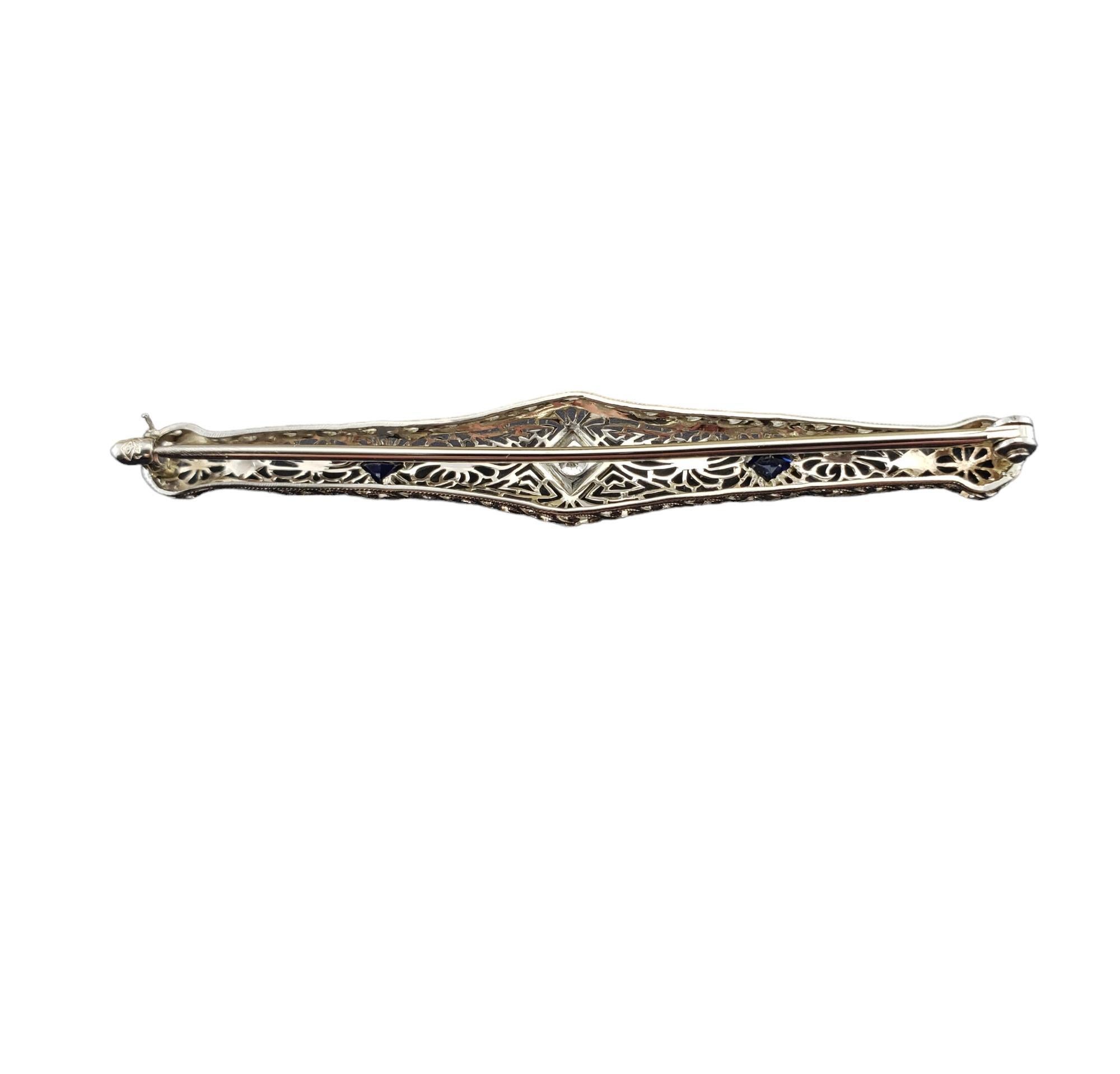 14K White Gold Filigree Simulated Sapphire & Diamond Brooch/Pin #17099 In Good Condition For Sale In Washington Depot, CT